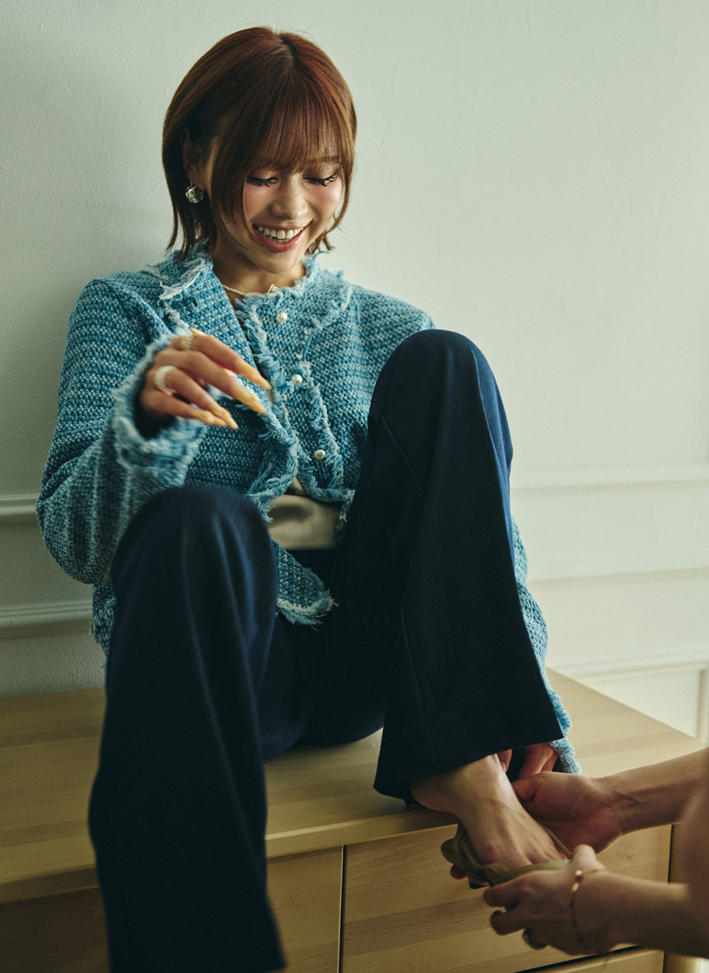 ツイードラウンドネックパール調ボタンフリンジジャケット | DHOLIC | 詳細画像3