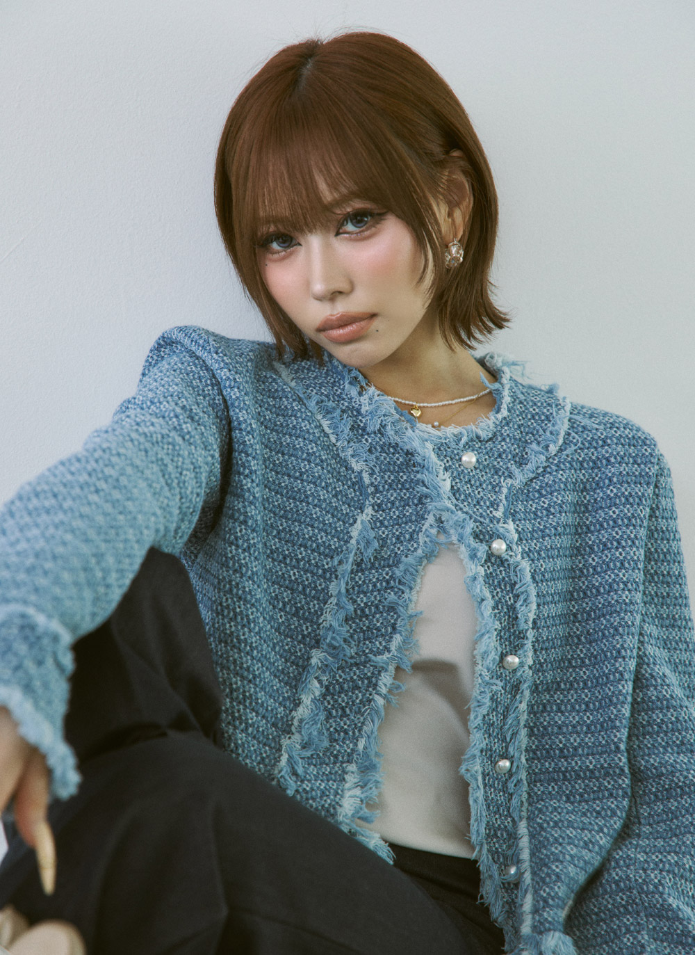 ツイードラウンドネックパール調ボタンフリンジジャケット | DHOLIC | 詳細画像7