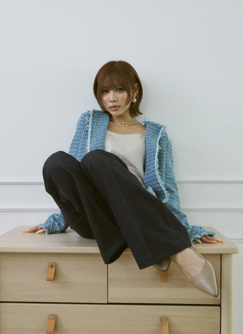 ツイードラウンドネックパール調ボタンフリンジジャケット | DHOLIC | 詳細画像8