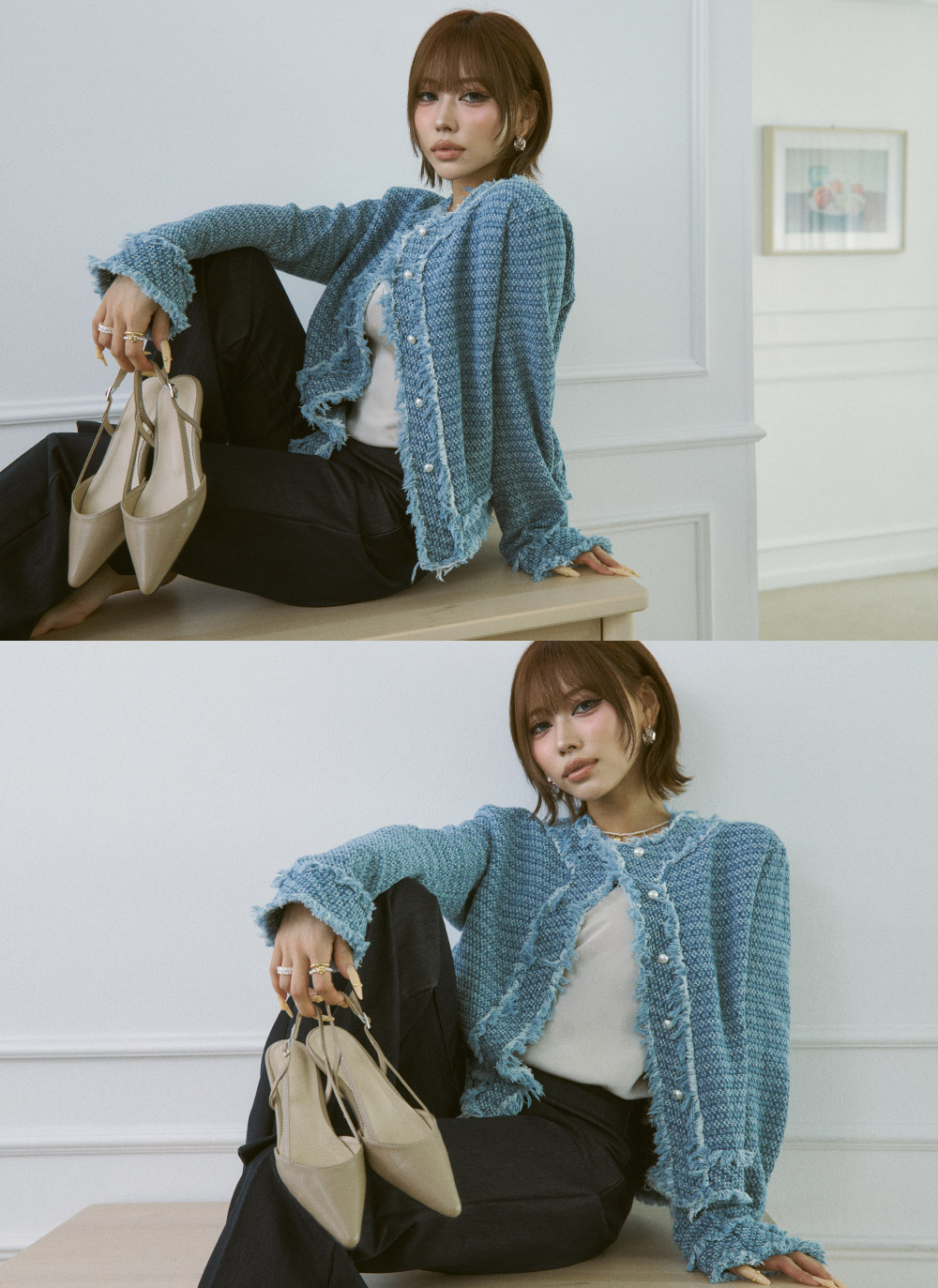 ツイードラウンドネックパール調ボタンフリンジジャケット | DHOLIC | 詳細画像12