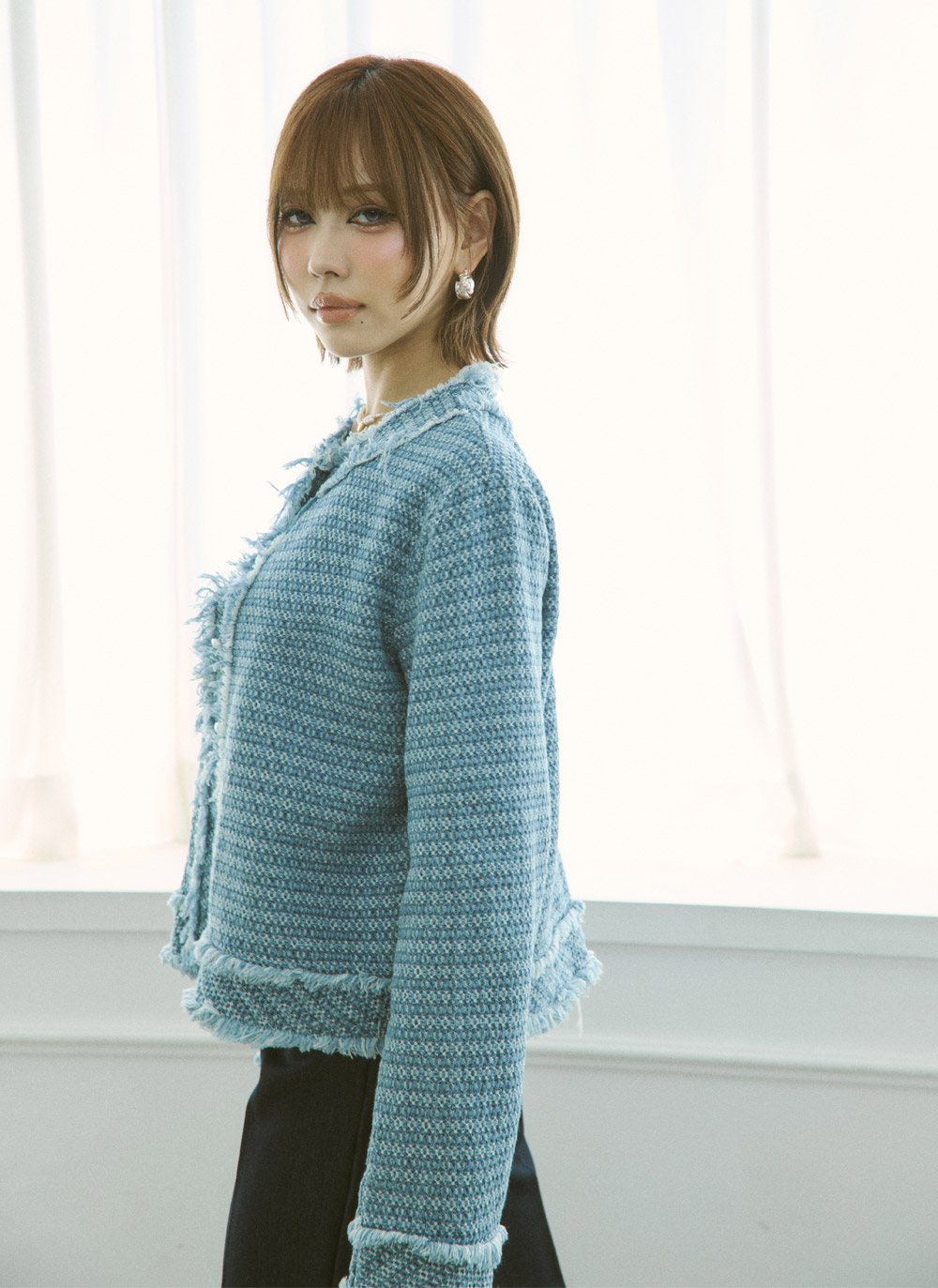 ツイードラウンドネックパール調ボタンフリンジジャケット | DHOLIC | 詳細画像13