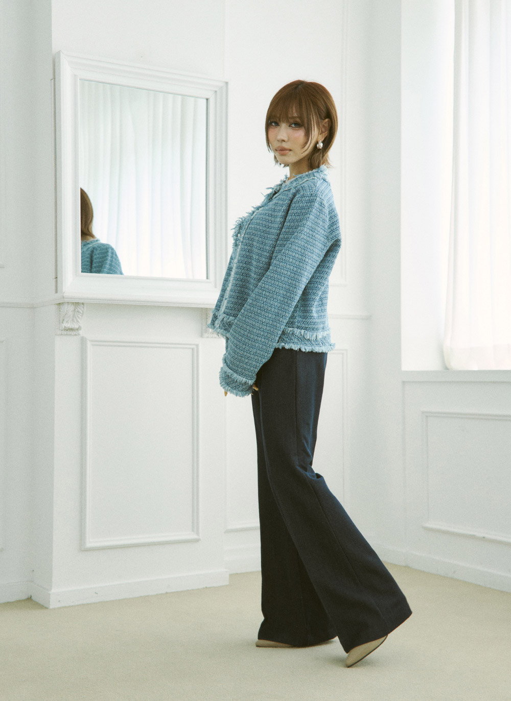 ツイードラウンドネックパール調ボタンフリンジジャケット | DHOLIC | 詳細画像15