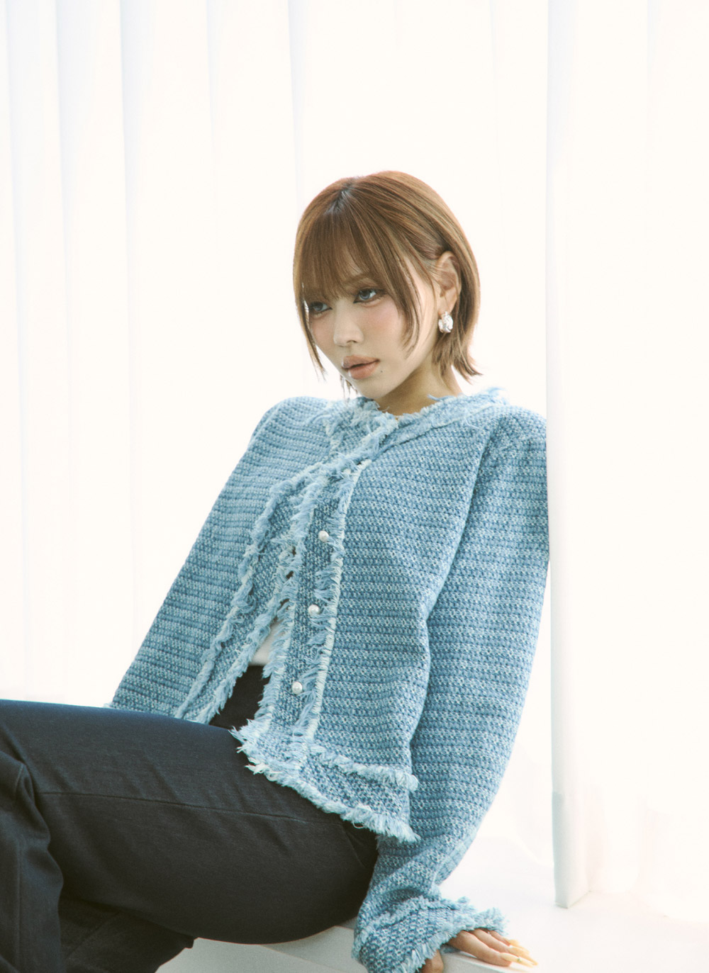 ツイードラウンドネックパール調ボタンフリンジジャケット | DHOLIC | 詳細画像17