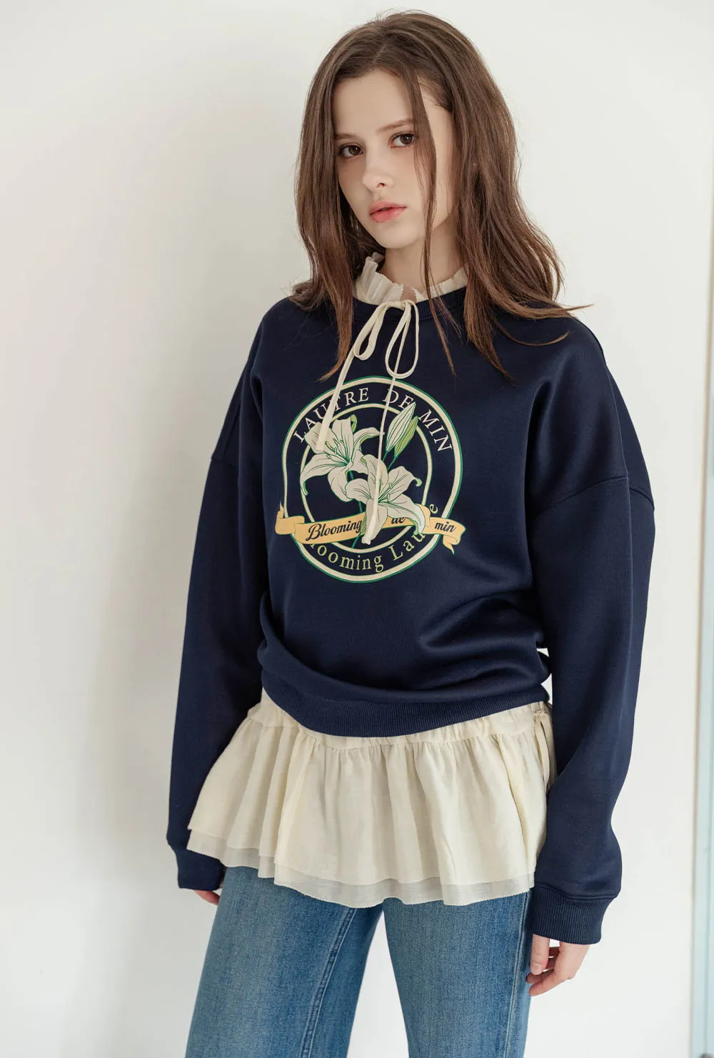 ラウンドネックオーバーサイズルーズ長袖ドロップショルダープリントスウェット | 詳細画像1