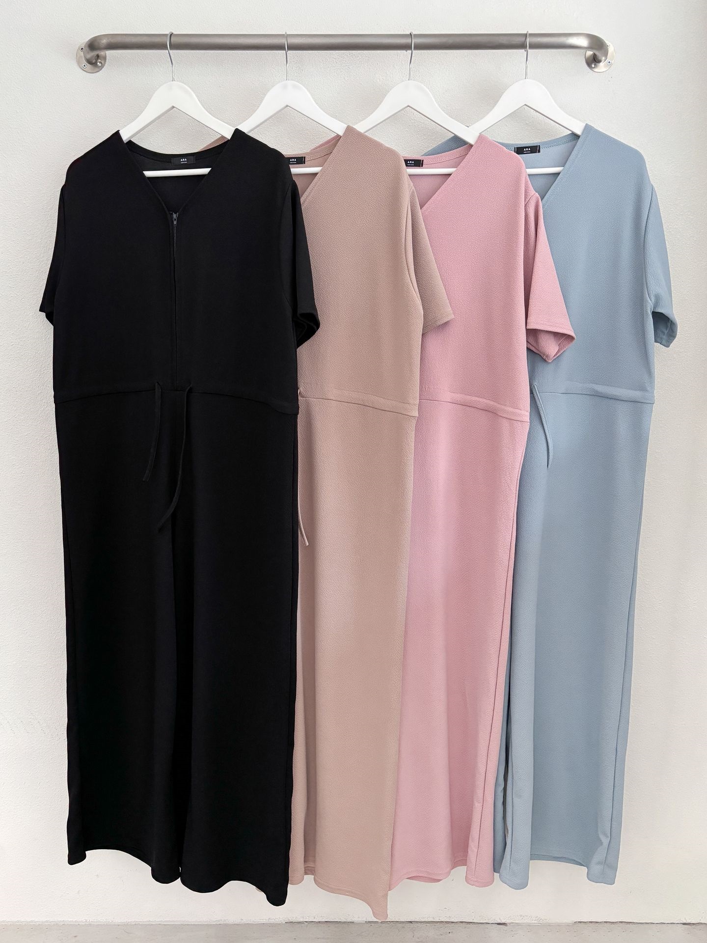 ジップアップVネックドローストリングラインロングルーズ半袖ワイドドロップショルダー無地オールインワン | 詳細画像50