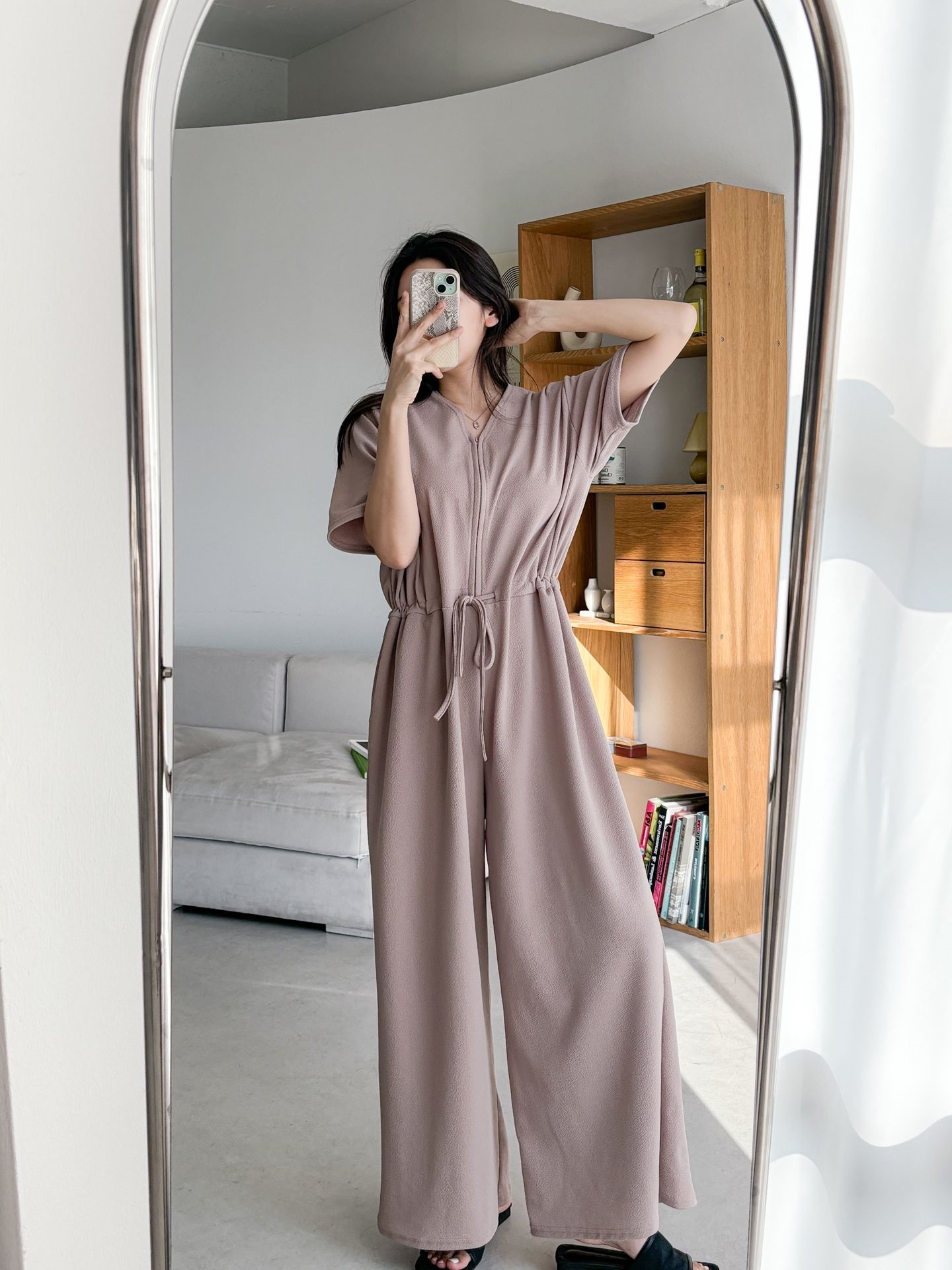 ジップアップVネックドローストリングラインロングルーズ半袖ワイドドロップショルダー無地オールインワン | 詳細画像4