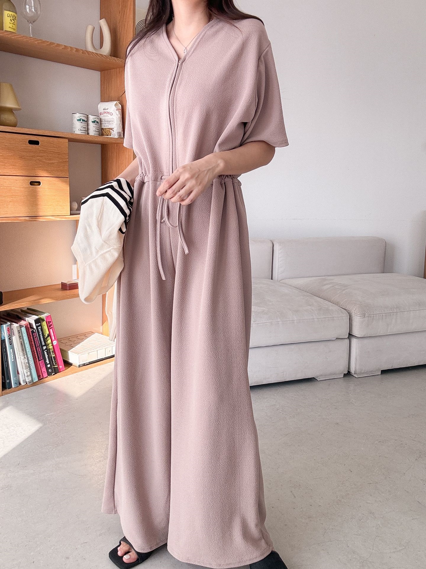 ジップアップVネックドローストリングラインロングルーズ半袖ワイドドロップショルダー無地オールインワン | 詳細画像6