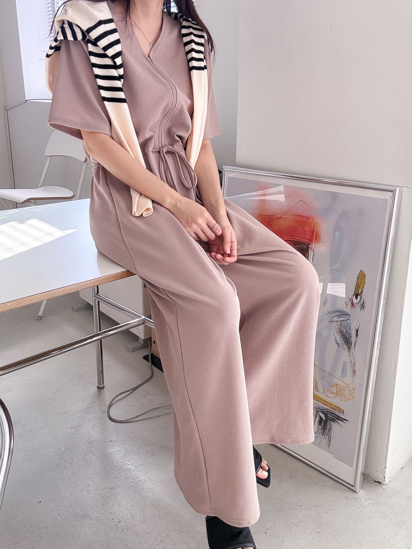 ジップアップVネックドローストリングラインロングルーズ半袖ワイドドロップショルダー無地オールインワン | 詳細画像8