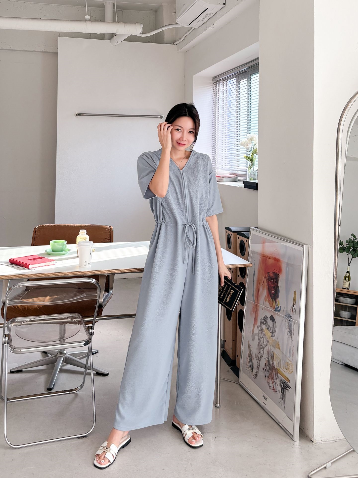 ジップアップVネックドローストリングラインロングルーズ半袖ワイドドロップショルダー無地オールインワン | 詳細画像9