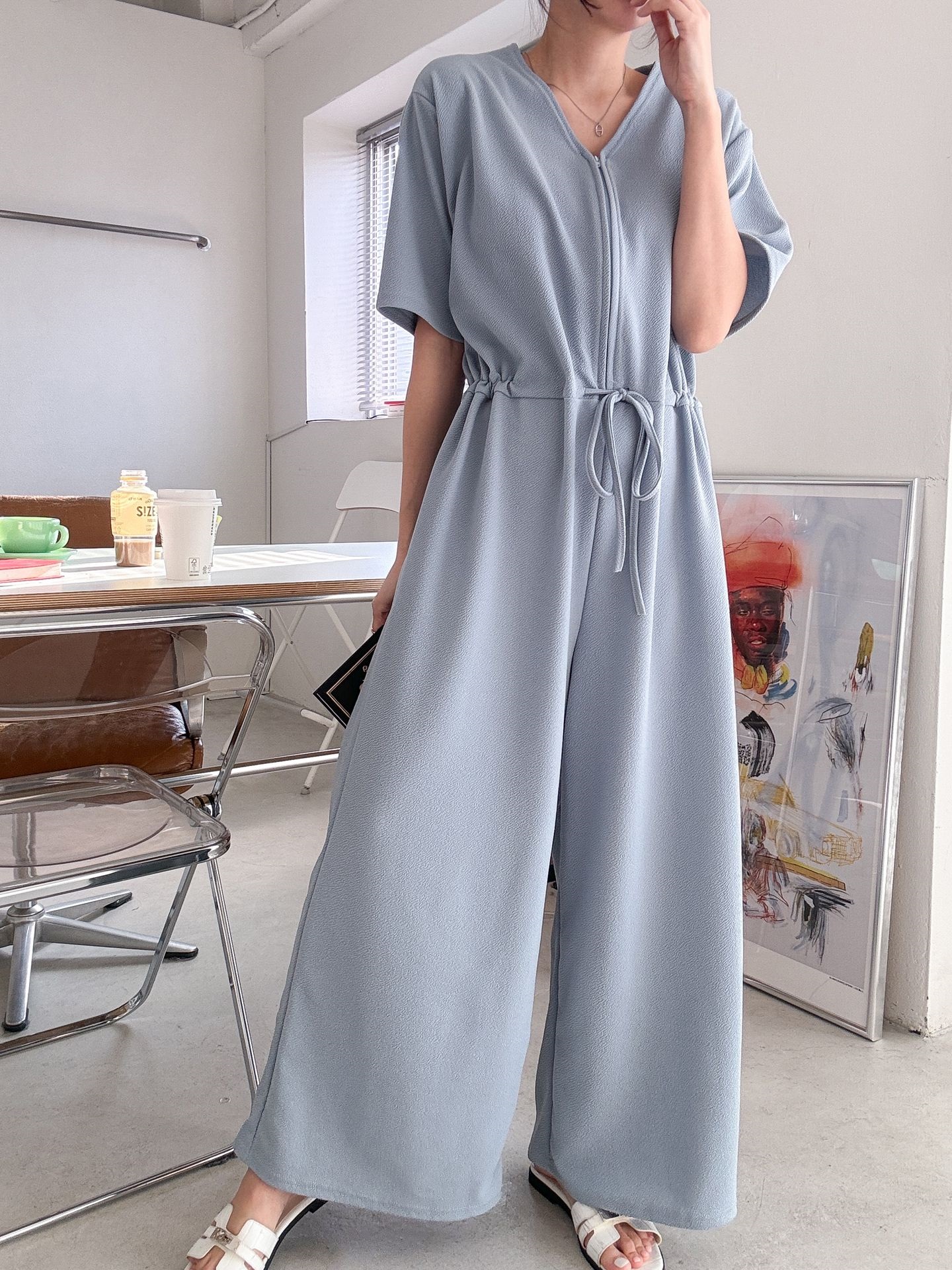 ジップアップVネックドローストリングラインロングルーズ半袖ワイドドロップショルダー無地オールインワン | 詳細画像10