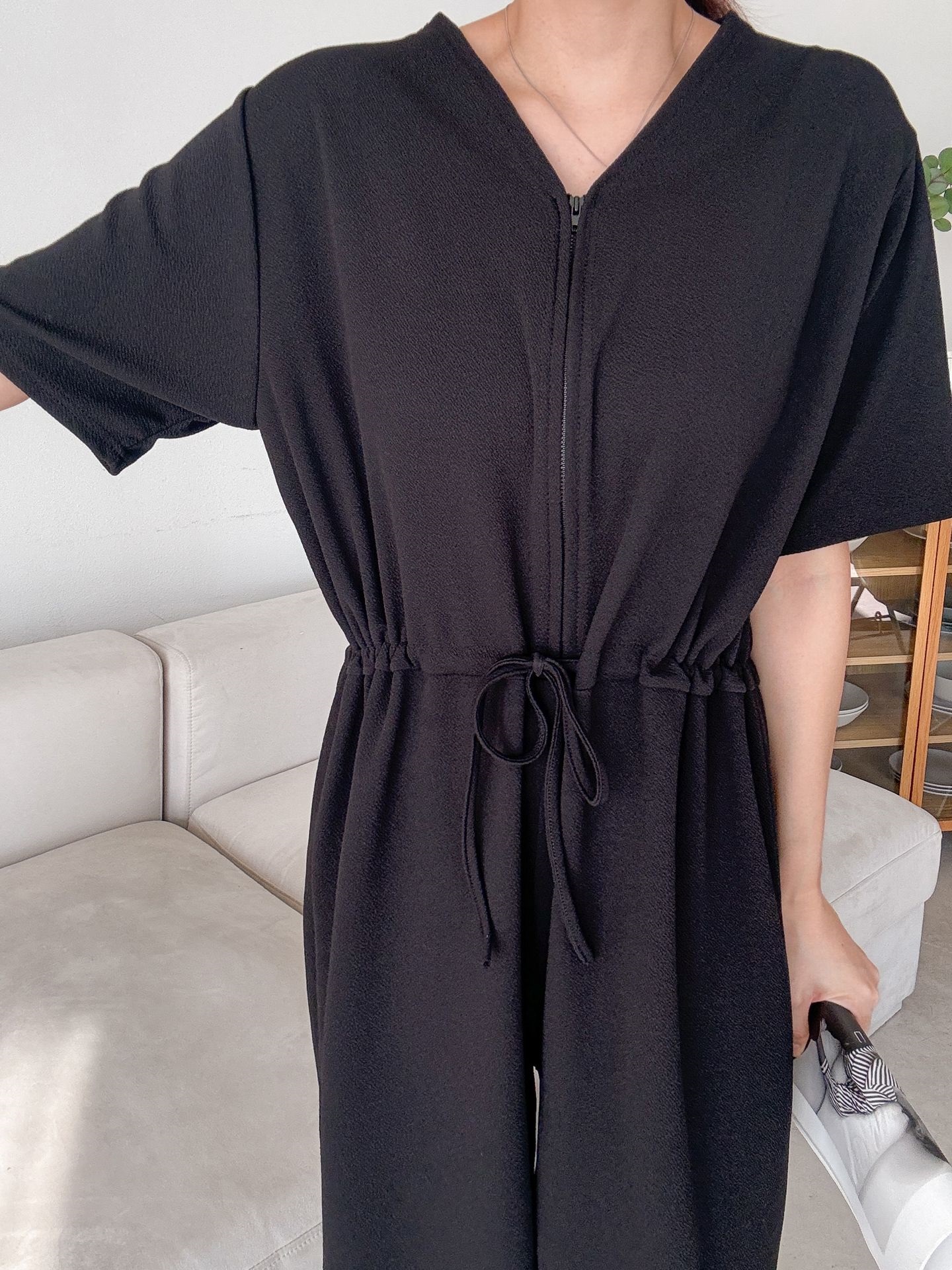 ジップアップVネックドローストリングラインロングルーズ半袖ワイドドロップショルダー無地オールインワン | 詳細画像34