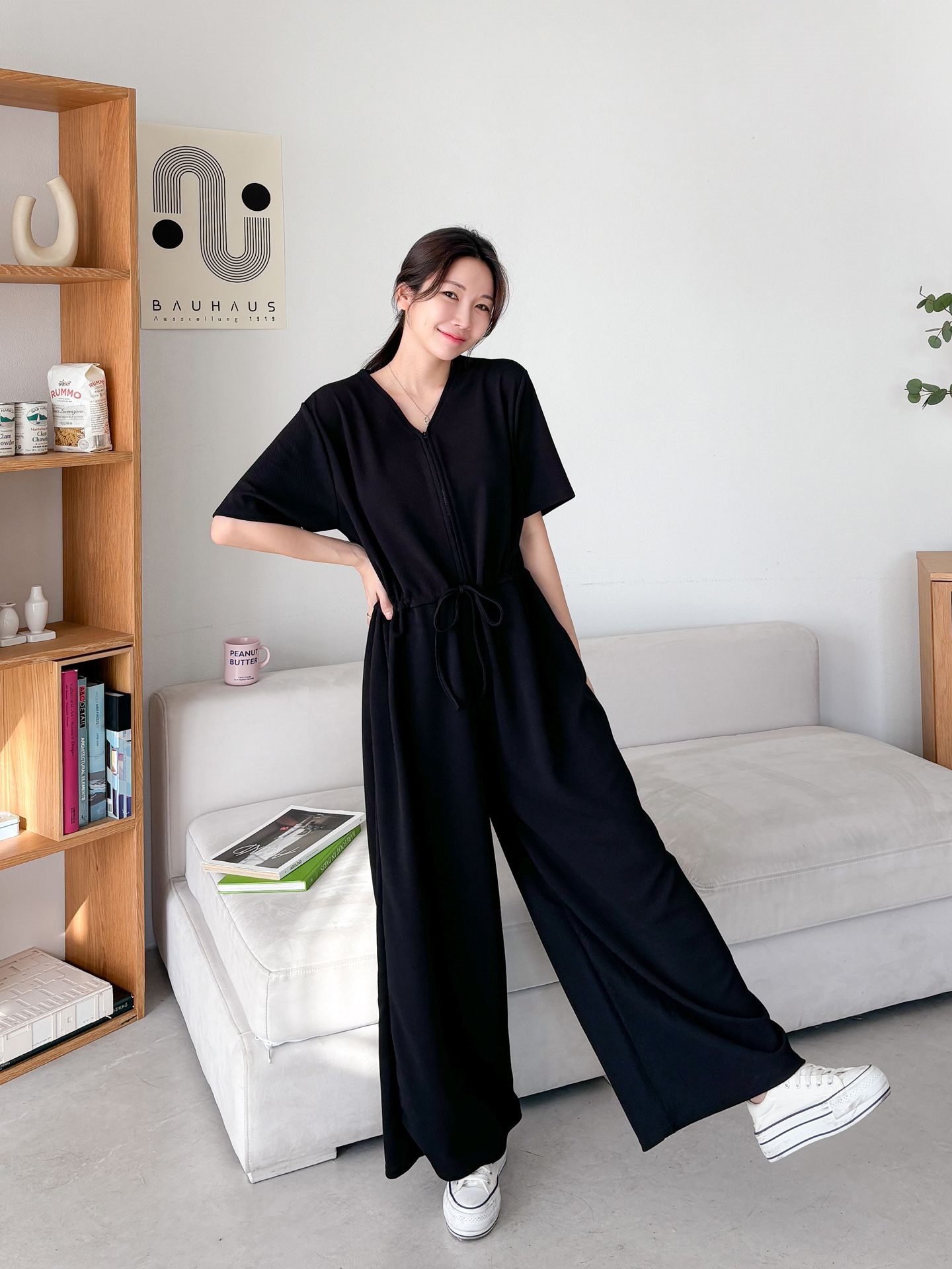 ジップアップVネックドローストリングラインロングルーズ半袖ワイドドロップショルダー無地オールインワン | 詳細画像31