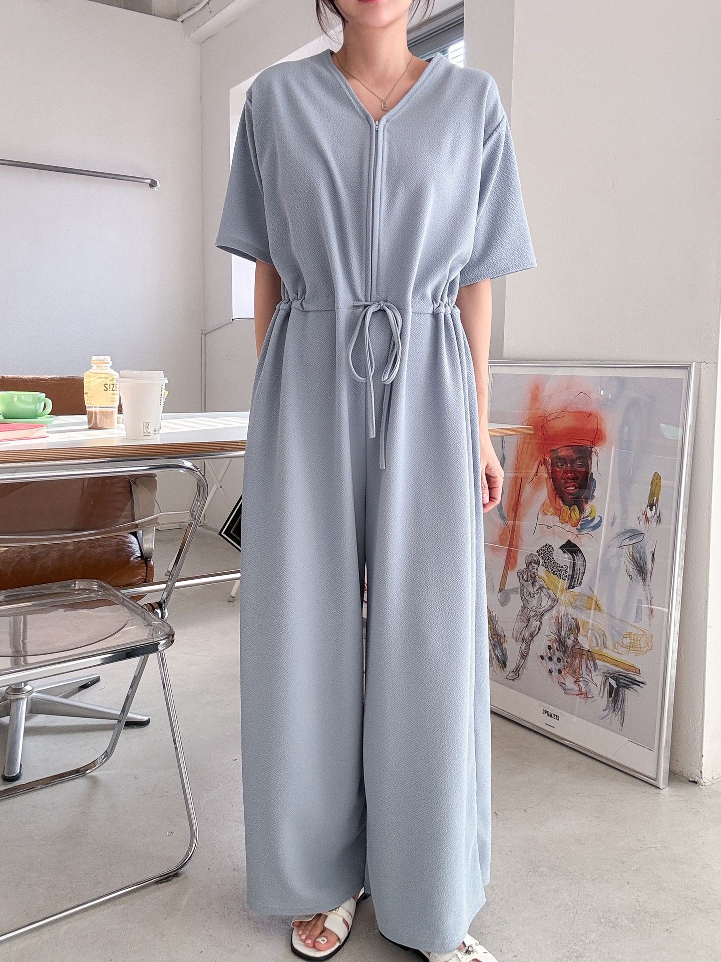 ジップアップVネックドローストリングラインロングルーズ半袖ワイドドロップショルダー無地オールインワン | 詳細画像15