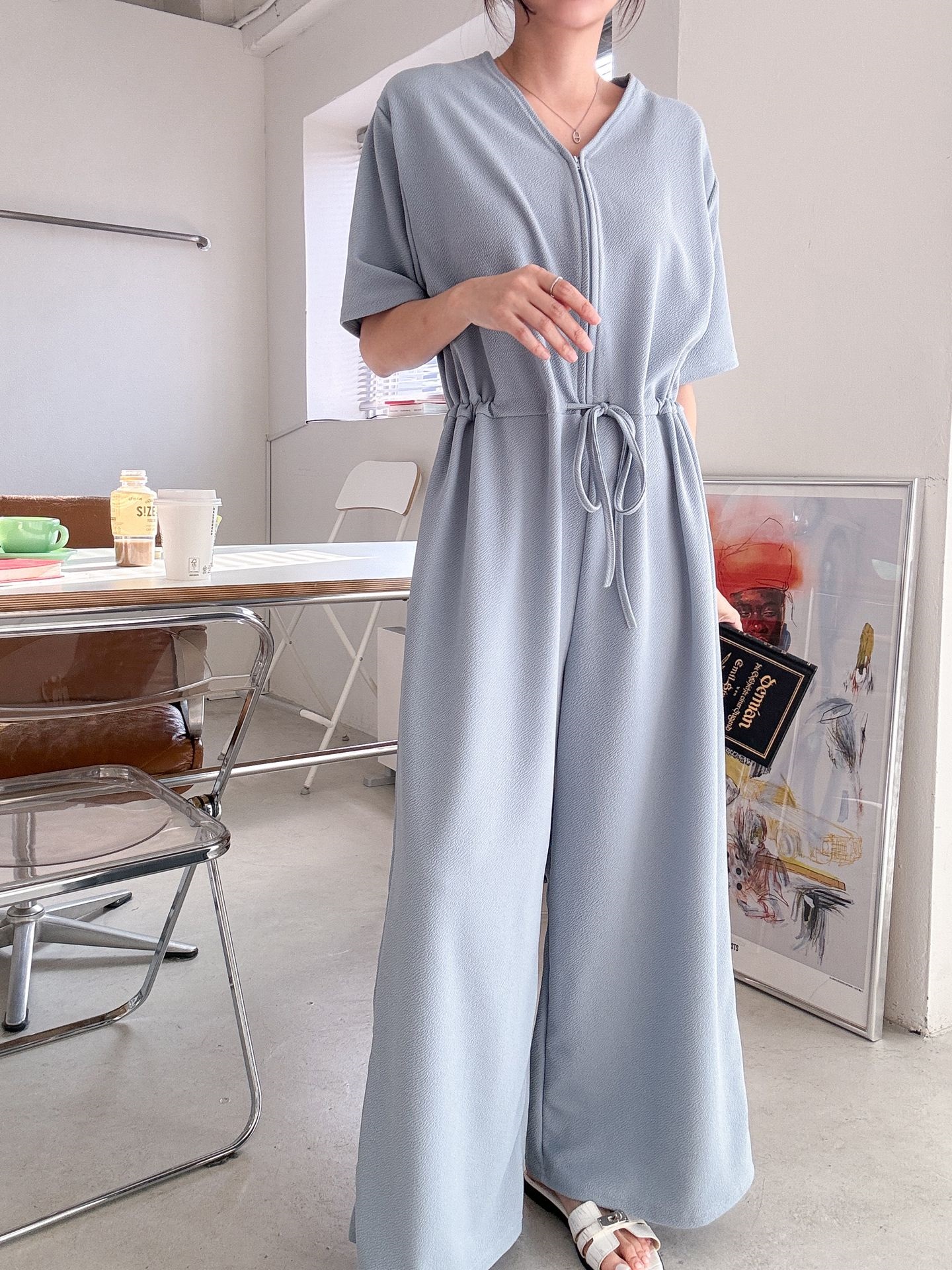 ジップアップVネックドローストリングラインロングルーズ半袖ワイドドロップショルダー無地オールインワン | 詳細画像16