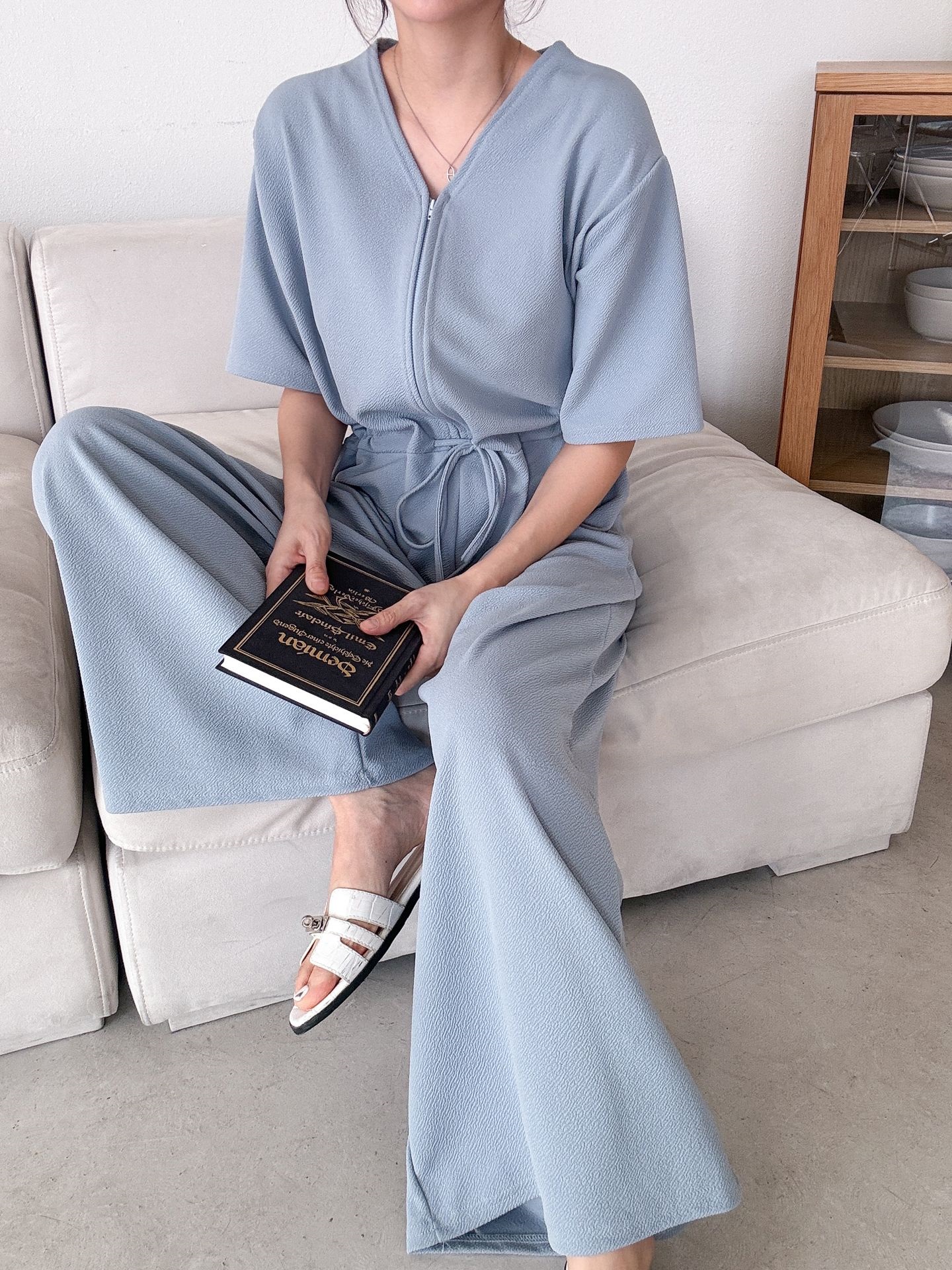 ジップアップVネックドローストリングラインロングルーズ半袖ワイドドロップショルダー無地オールインワン | 詳細画像17