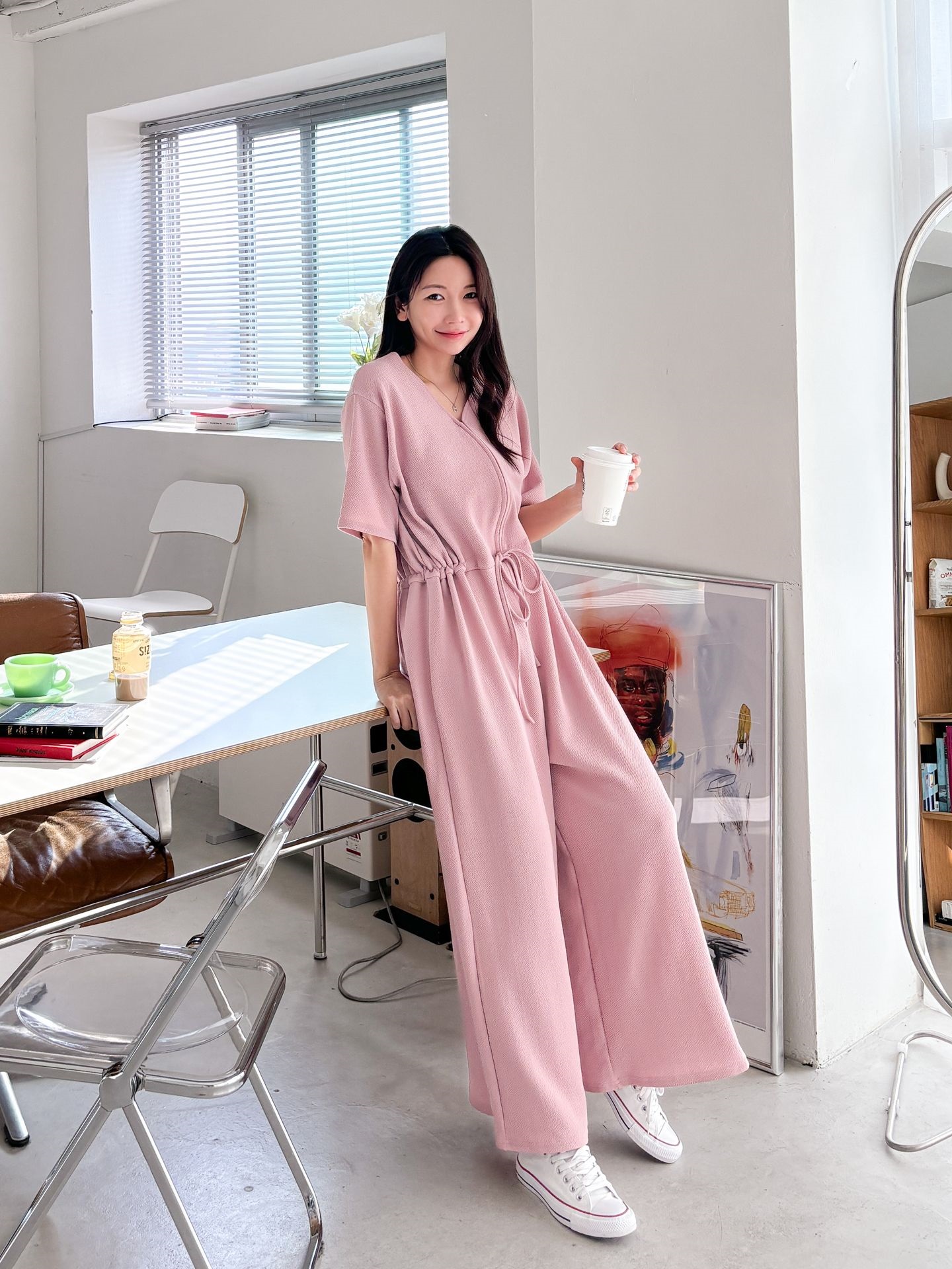 ジップアップVネックドローストリングラインロングルーズ半袖ワイドドロップショルダー無地オールインワン | 詳細画像19