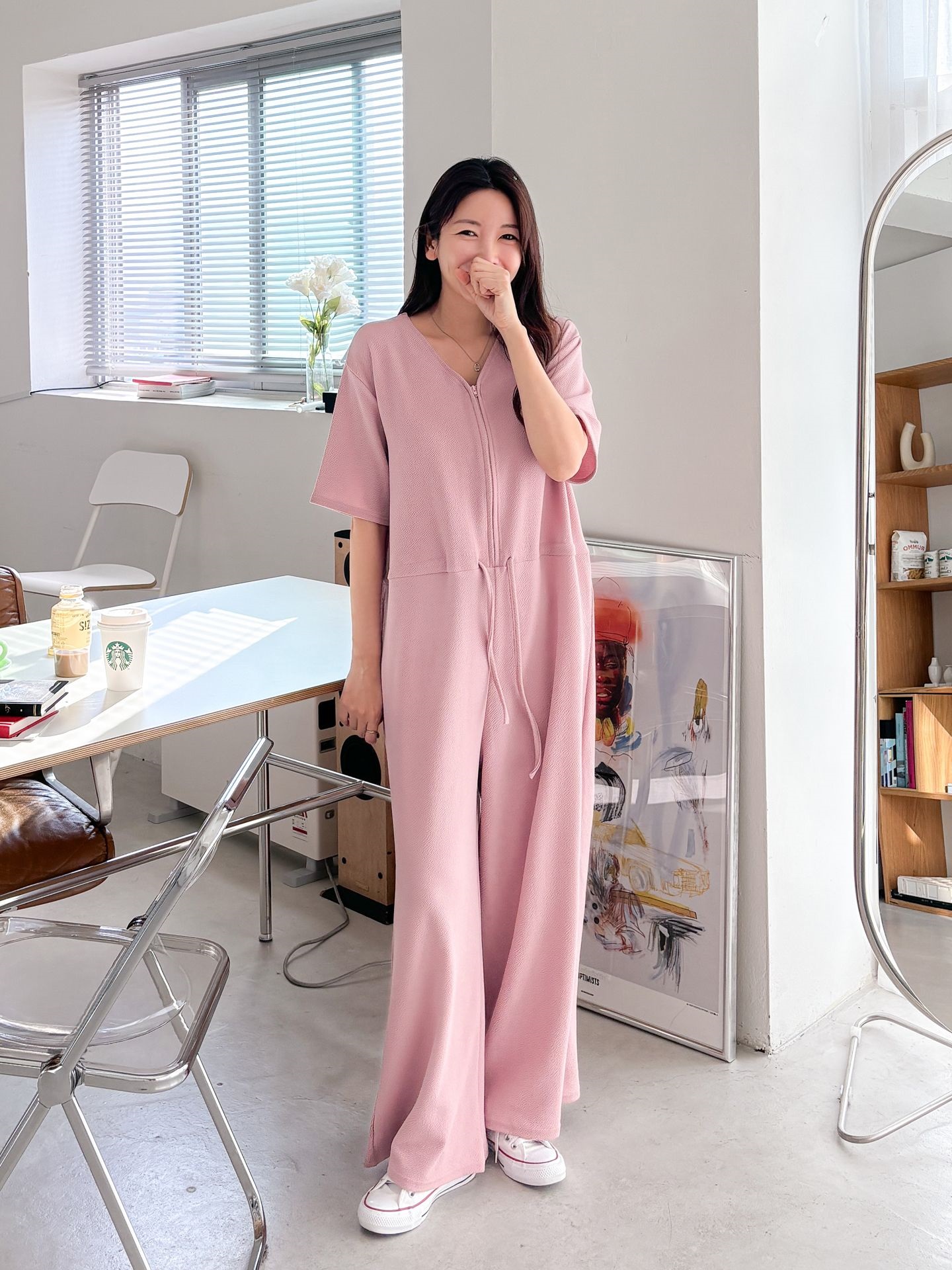 ジップアップVネックドローストリングラインロングルーズ半袖ワイドドロップショルダー無地オールインワン | 詳細画像20