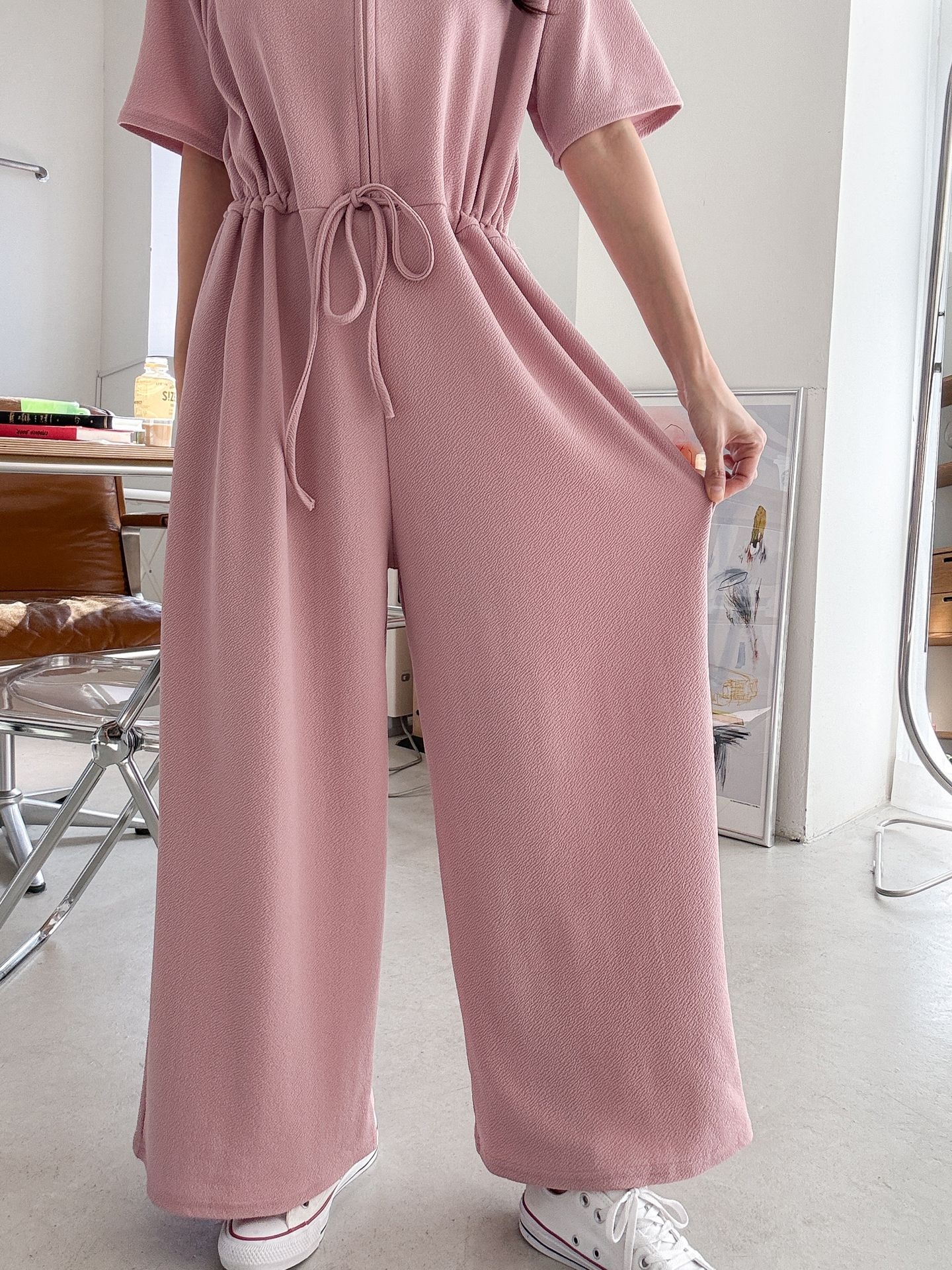 ジップアップVネックドローストリングラインロングルーズ半袖ワイドドロップショルダー無地オールインワン | 詳細画像21