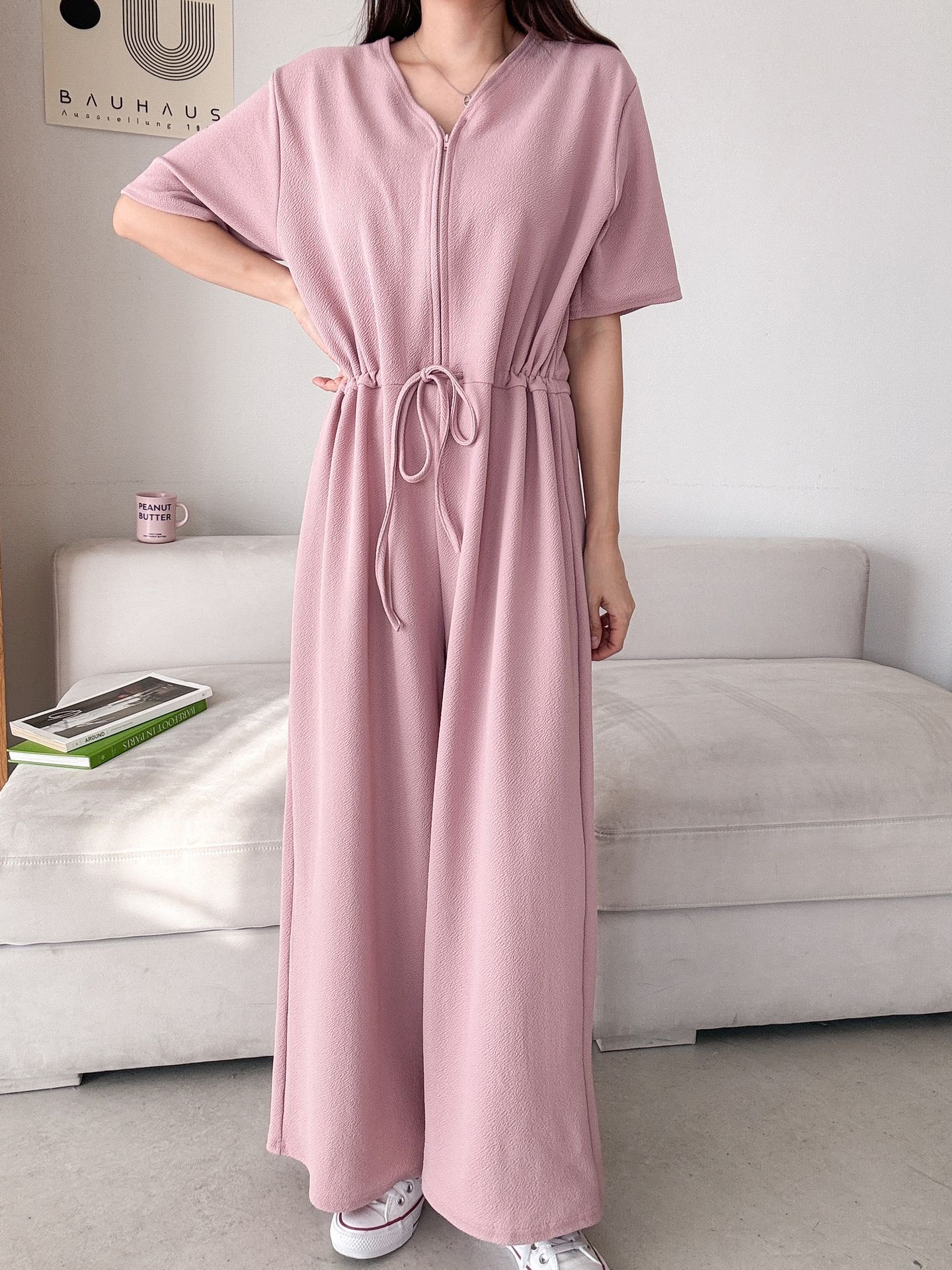 ジップアップVネックドローストリングラインロングルーズ半袖ワイドドロップショルダー無地オールインワン | 詳細画像23