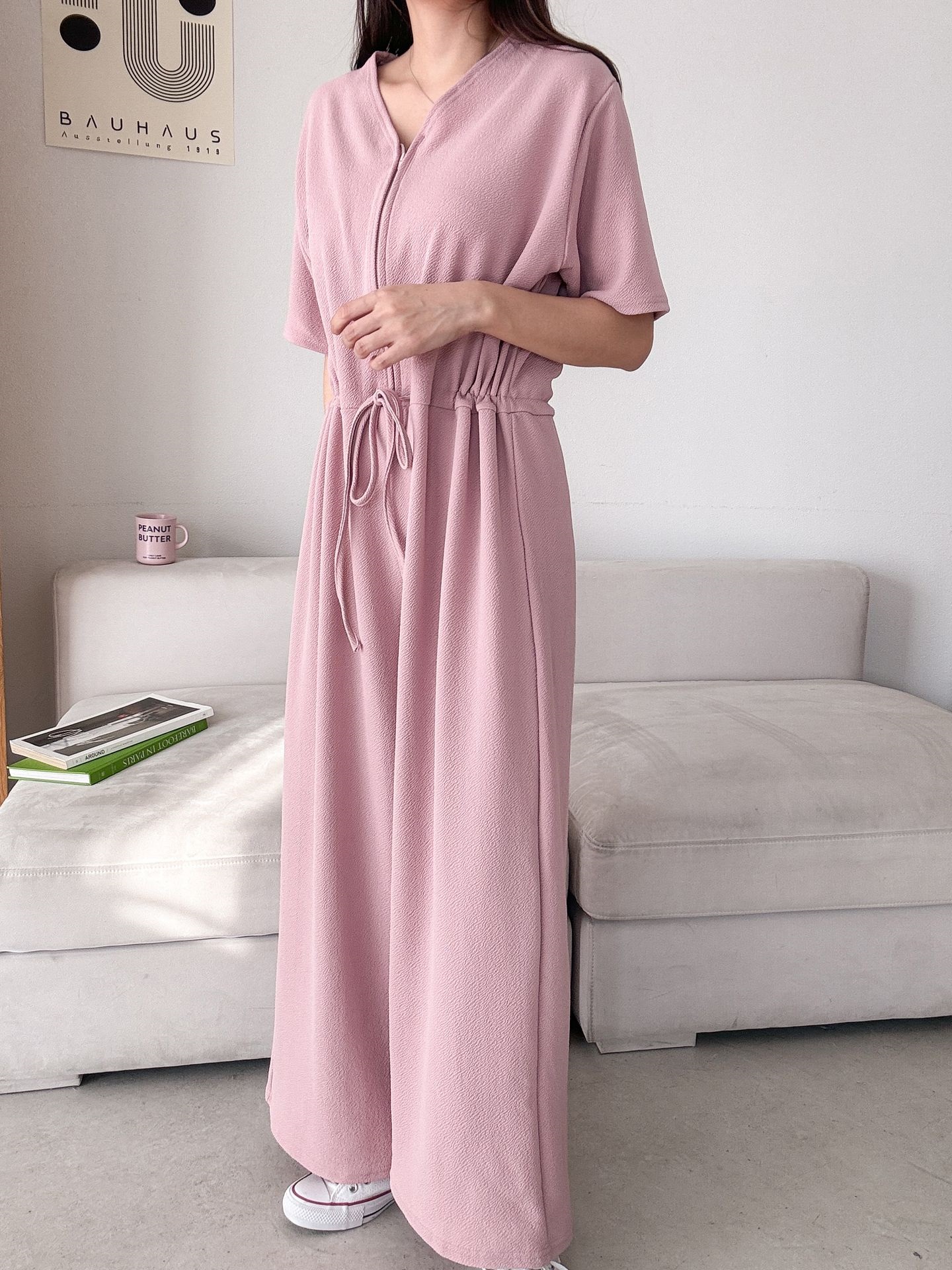 ジップアップVネックドローストリングラインロングルーズ半袖ワイドドロップショルダー無地オールインワン | 詳細画像24