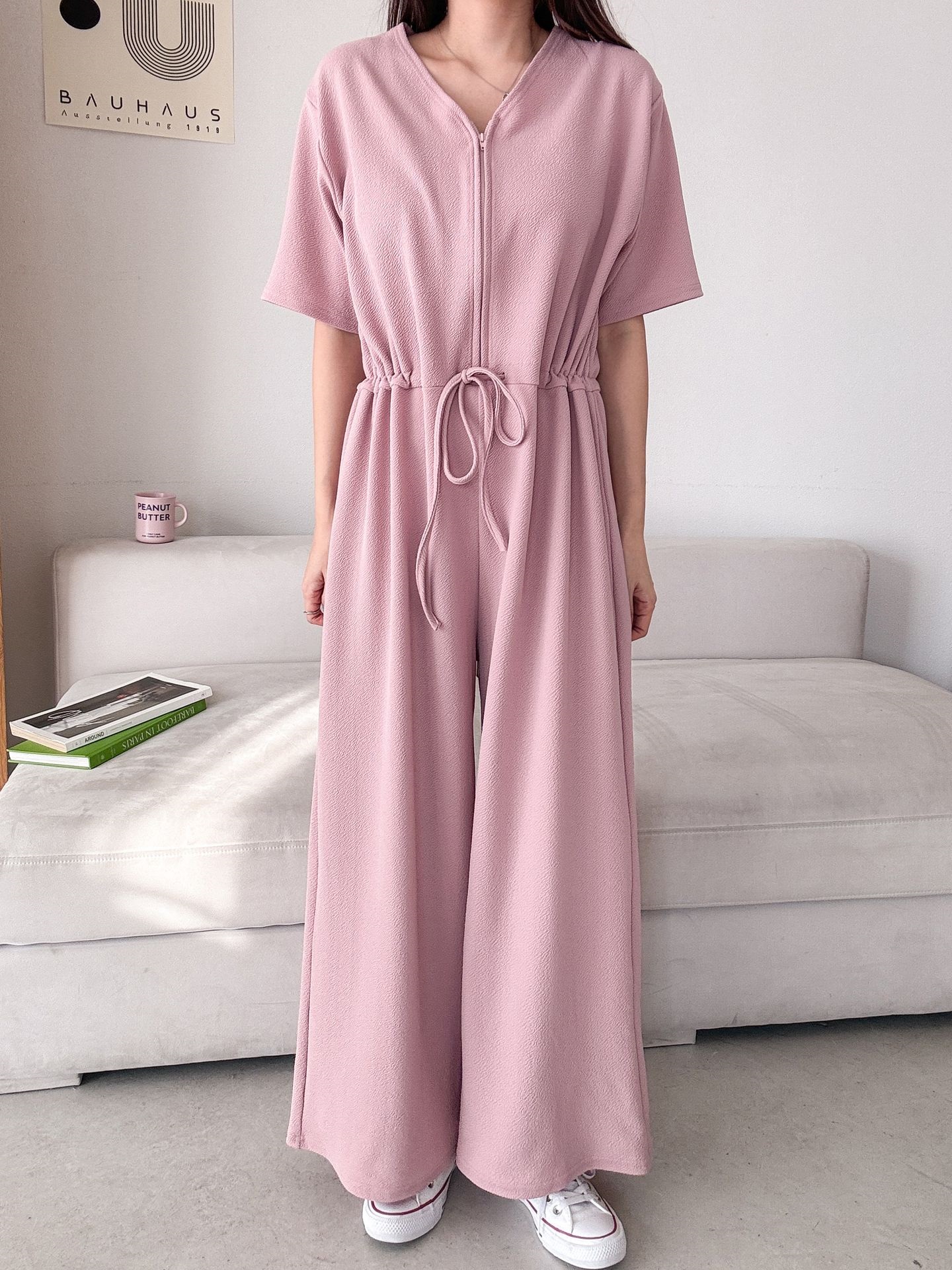 ジップアップVネックドローストリングラインロングルーズ半袖ワイドドロップショルダー無地オールインワン | 詳細画像25