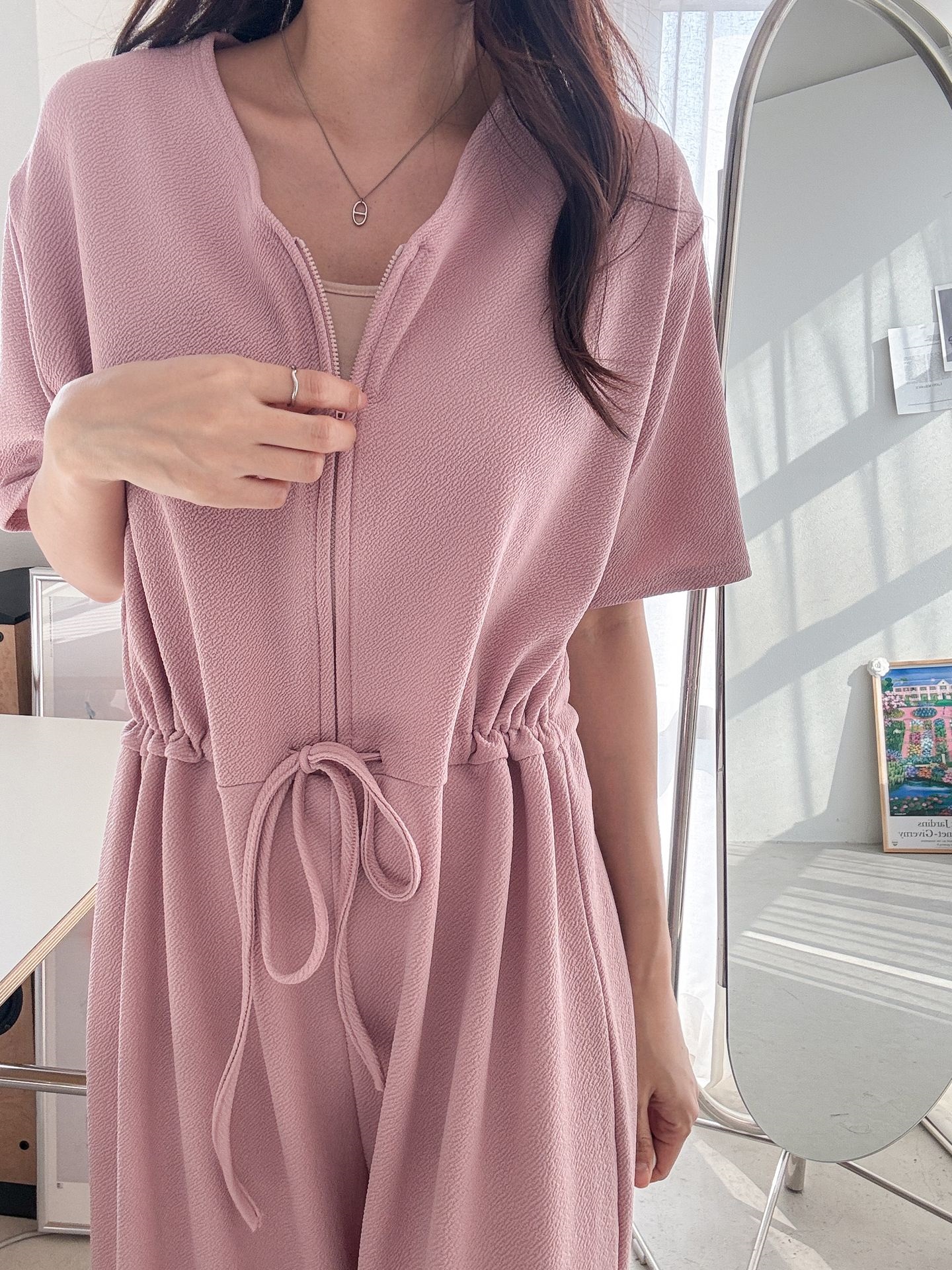 ジップアップVネックドローストリングラインロングルーズ半袖ワイドドロップショルダー無地オールインワン | 詳細画像26