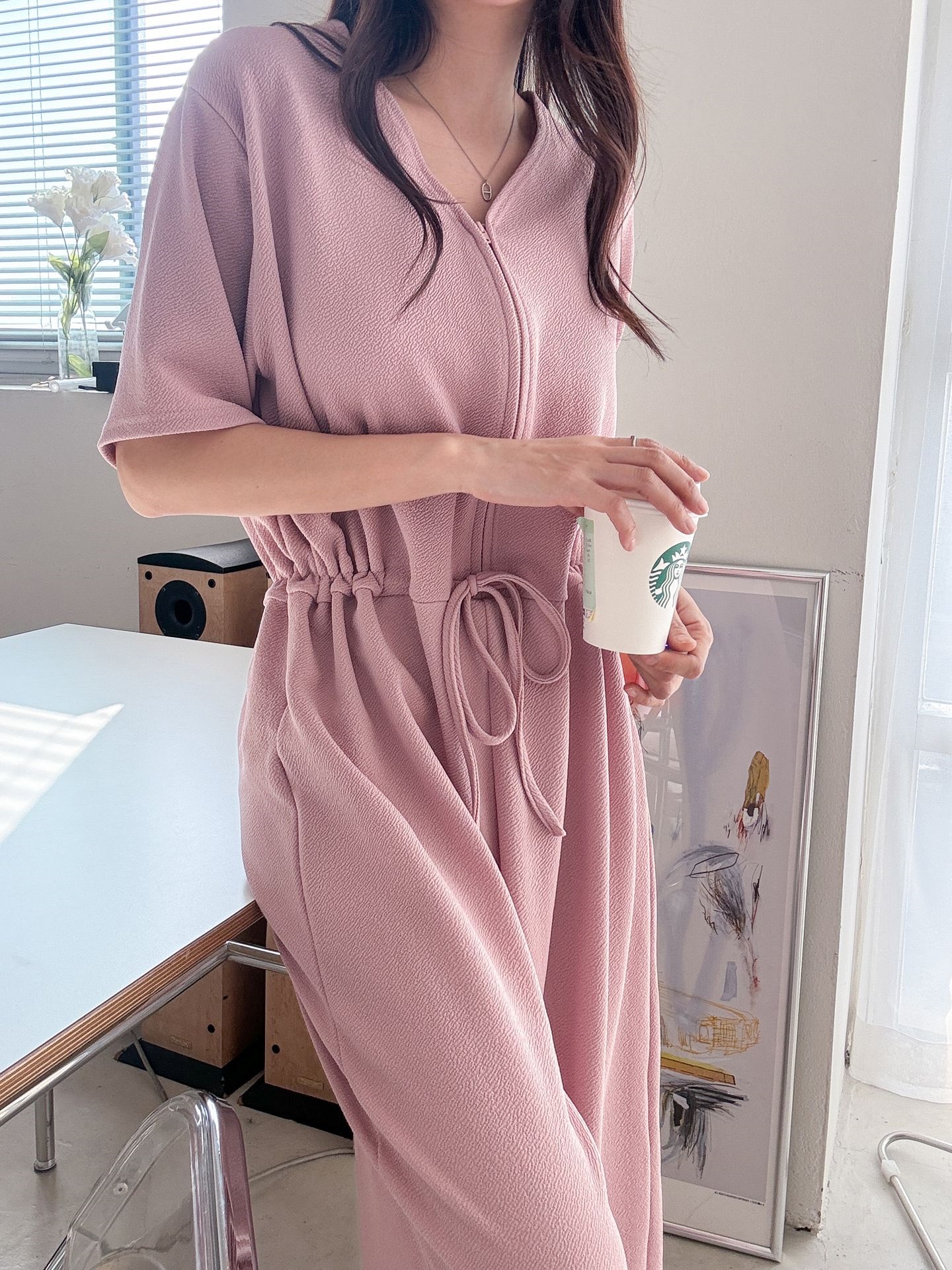 ジップアップVネックドローストリングラインロングルーズ半袖ワイドドロップショルダー無地オールインワン | 詳細画像22