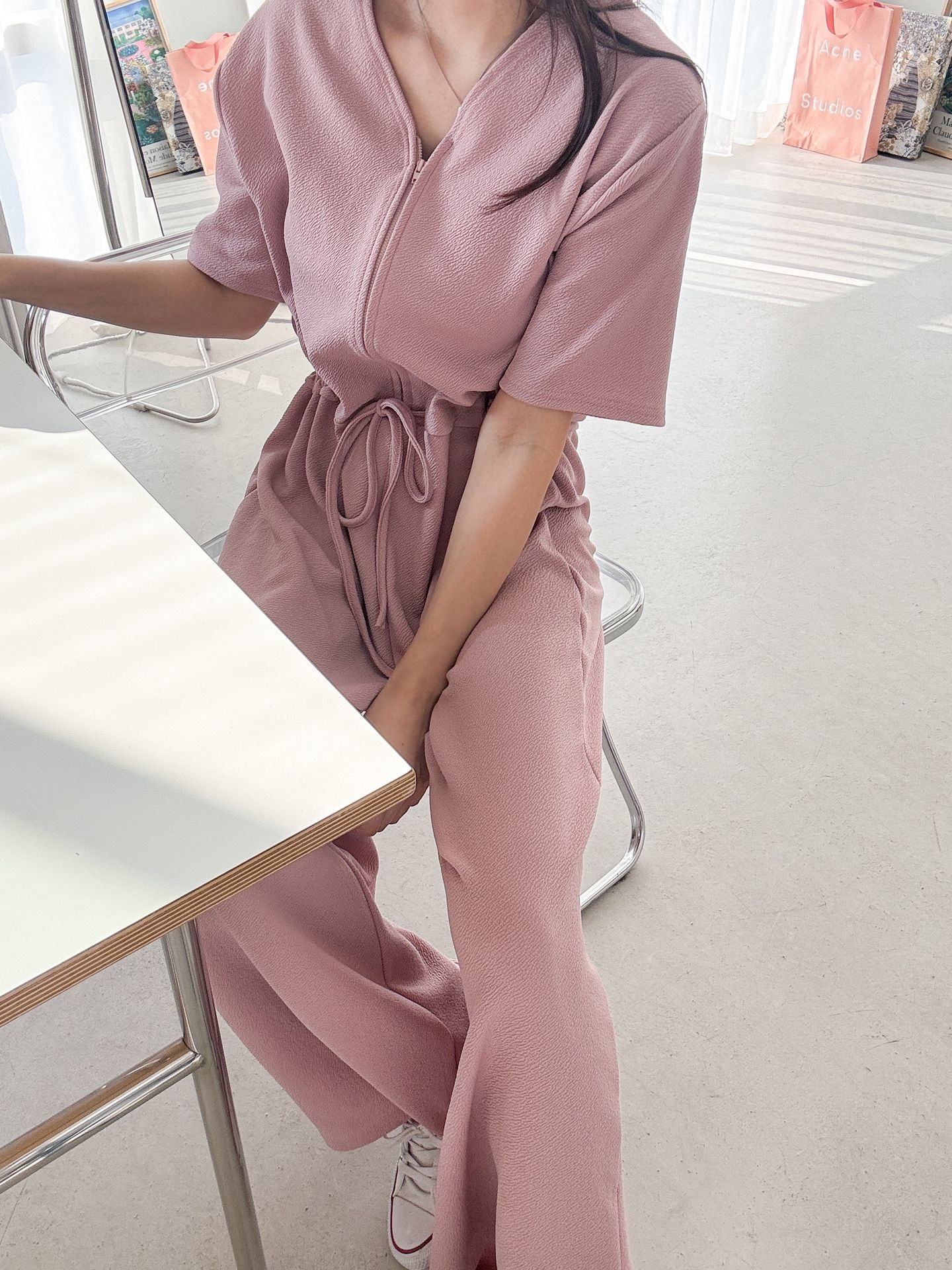 ジップアップVネックドローストリングラインロングルーズ半袖ワイドドロップショルダー無地オールインワン | 詳細画像28