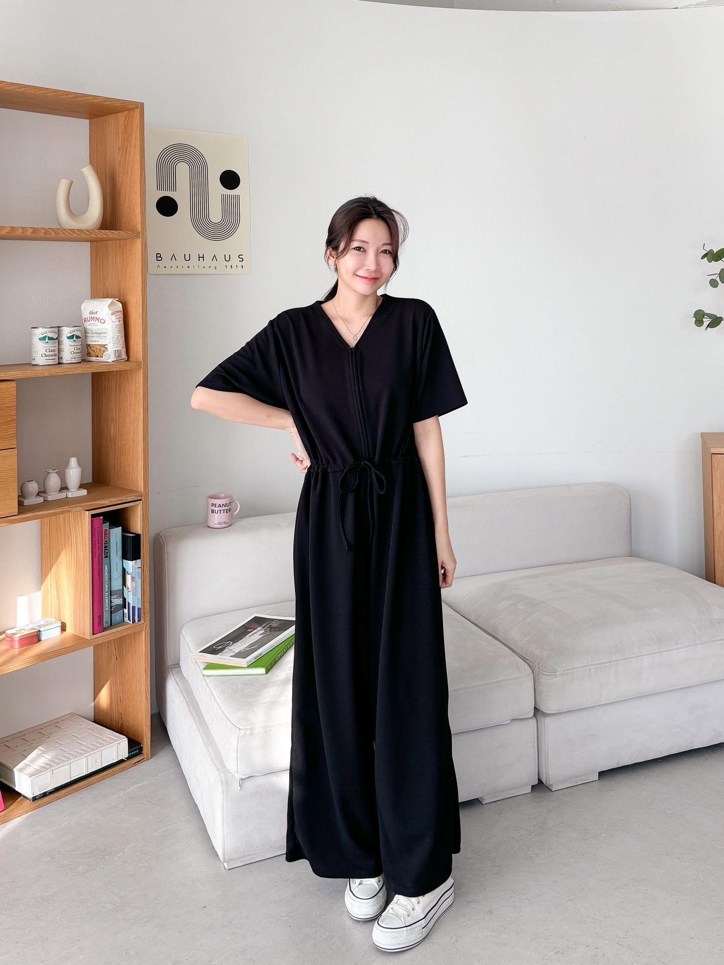 ジップアップVネックドローストリングラインロングルーズ半袖ワイドドロップショルダー無地オールインワン | 詳細画像29