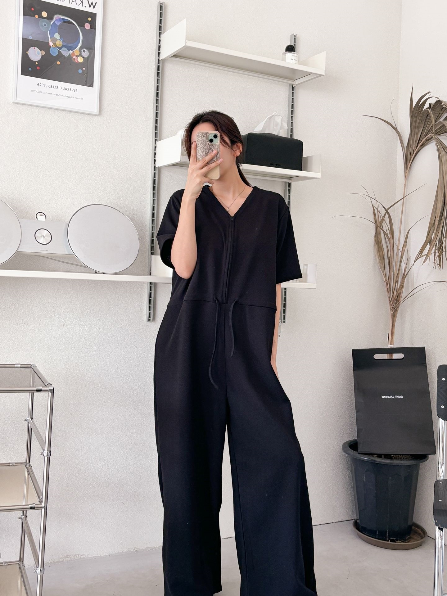 ジップアップVネックドローストリングラインロングルーズ半袖ワイドドロップショルダー無地オールインワン | 詳細画像30