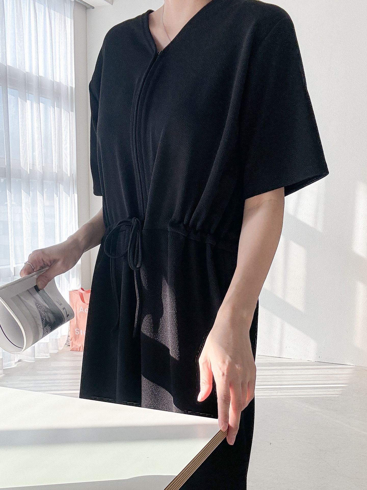 ジップアップVネックドローストリングラインロングルーズ半袖ワイドドロップショルダー無地オールインワン | 詳細画像35