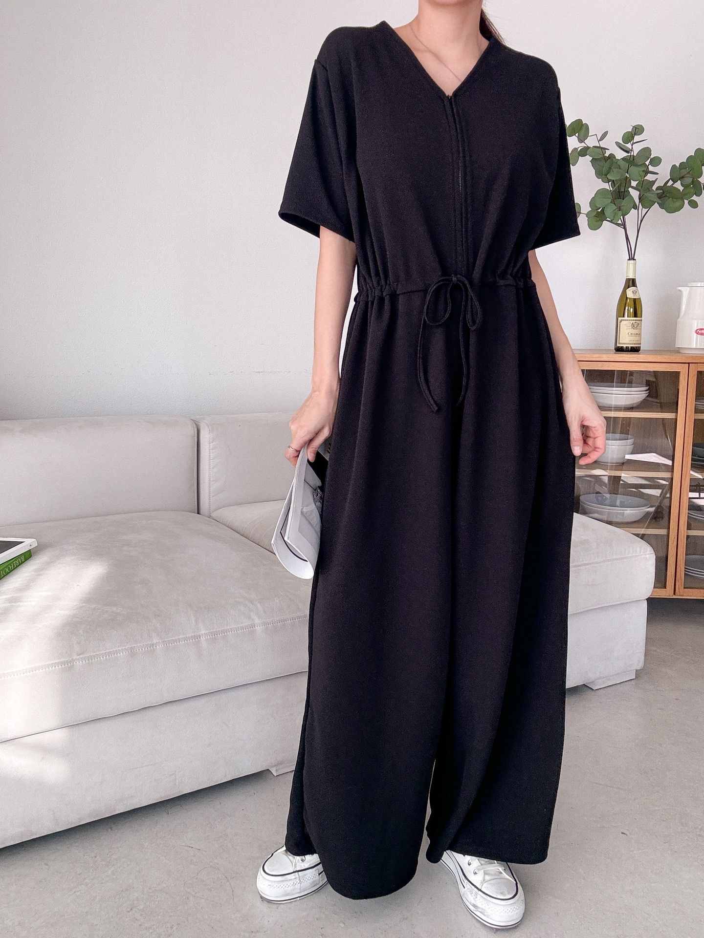 ジップアップVネックドローストリングラインロングルーズ半袖ワイドドロップショルダー無地オールインワン | 詳細画像36