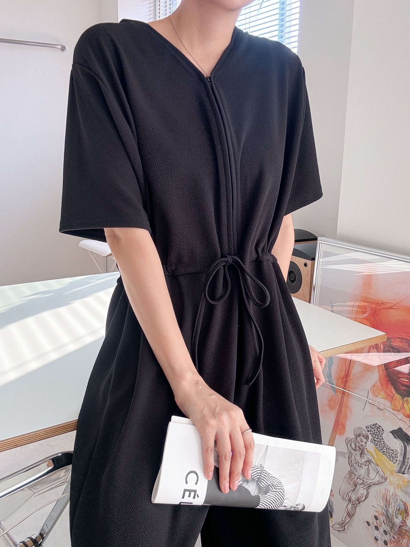 ジップアップVネックドローストリングラインロングルーズ半袖ワイドドロップショルダー無地オールインワン | 詳細画像37