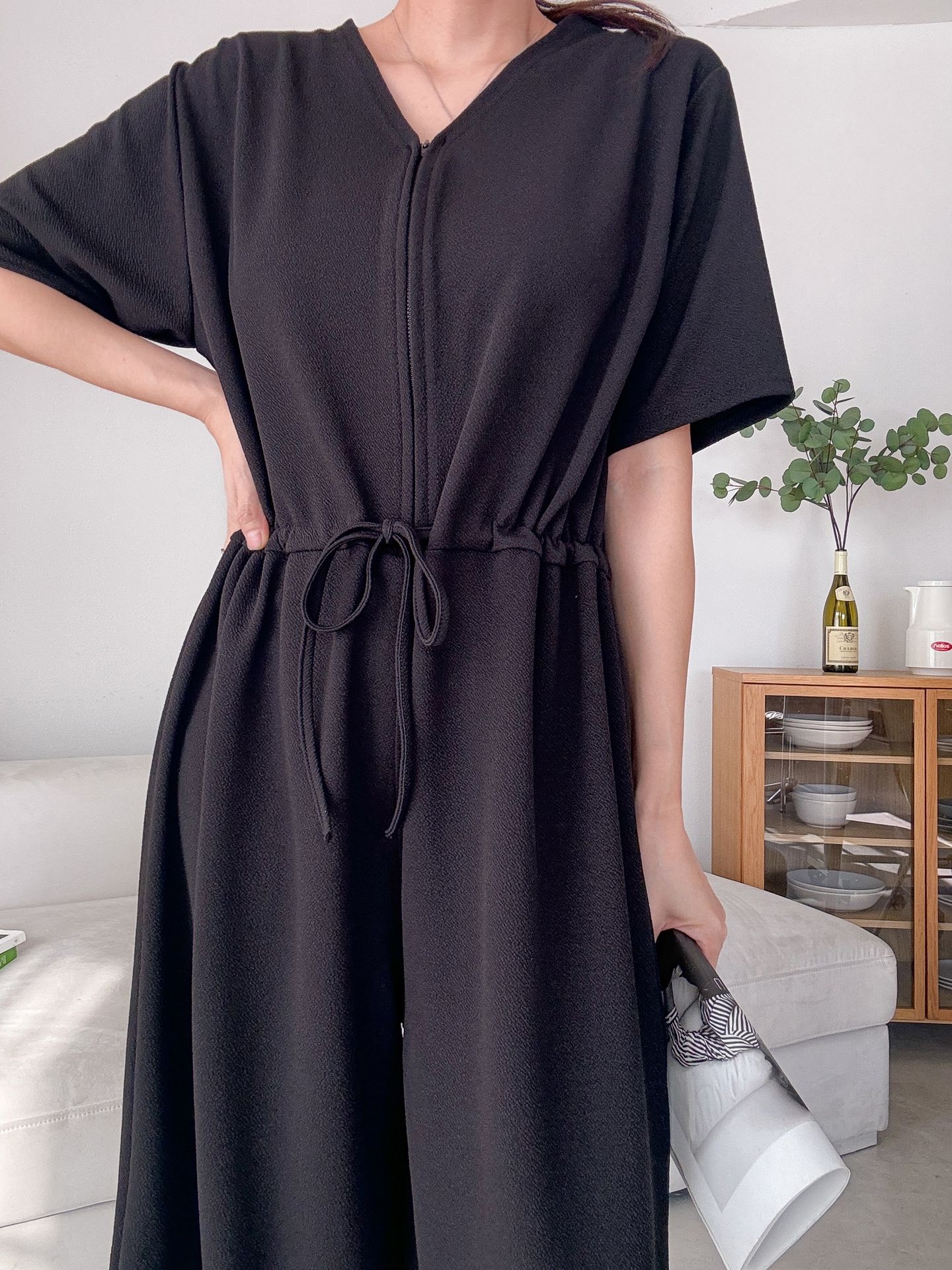 ジップアップVネックドローストリングラインロングルーズ半袖ワイドドロップショルダー無地オールインワン | 詳細画像38