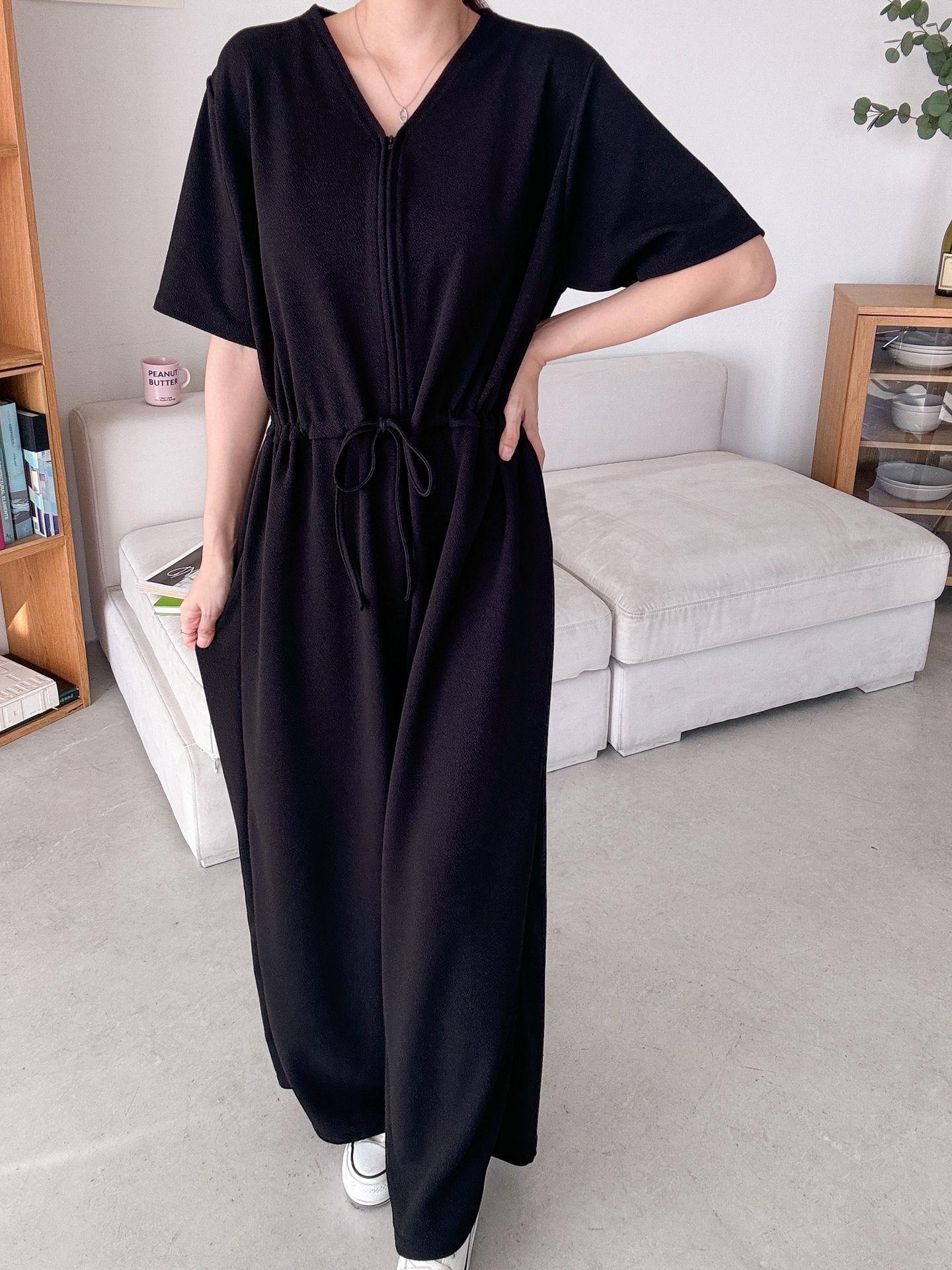 ジップアップVネックドローストリングラインロングルーズ半袖ワイドドロップショルダー無地オールインワン | 詳細画像39