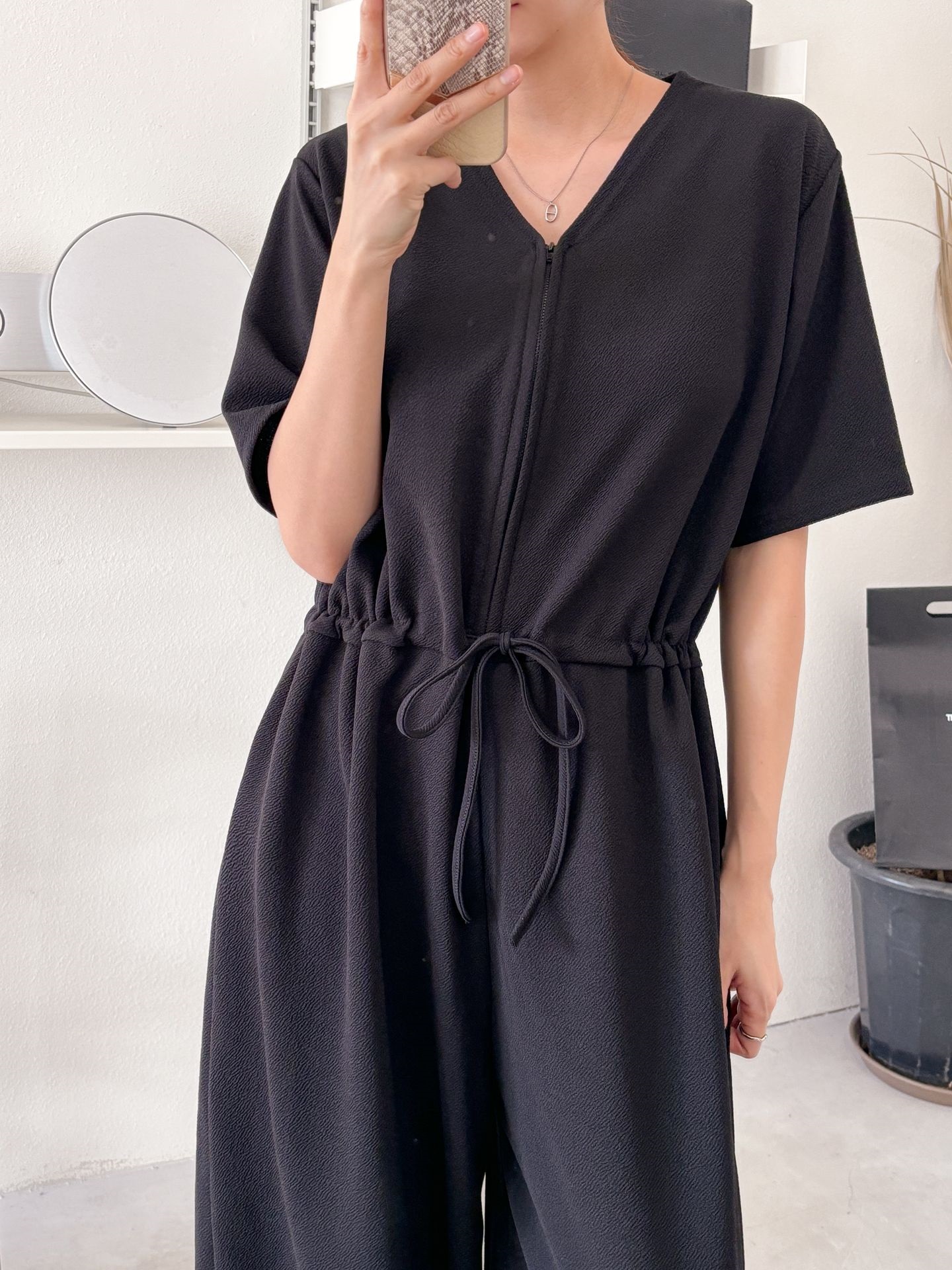 ジップアップVネックドローストリングラインロングルーズ半袖ワイドドロップショルダー無地オールインワン | 詳細画像41
