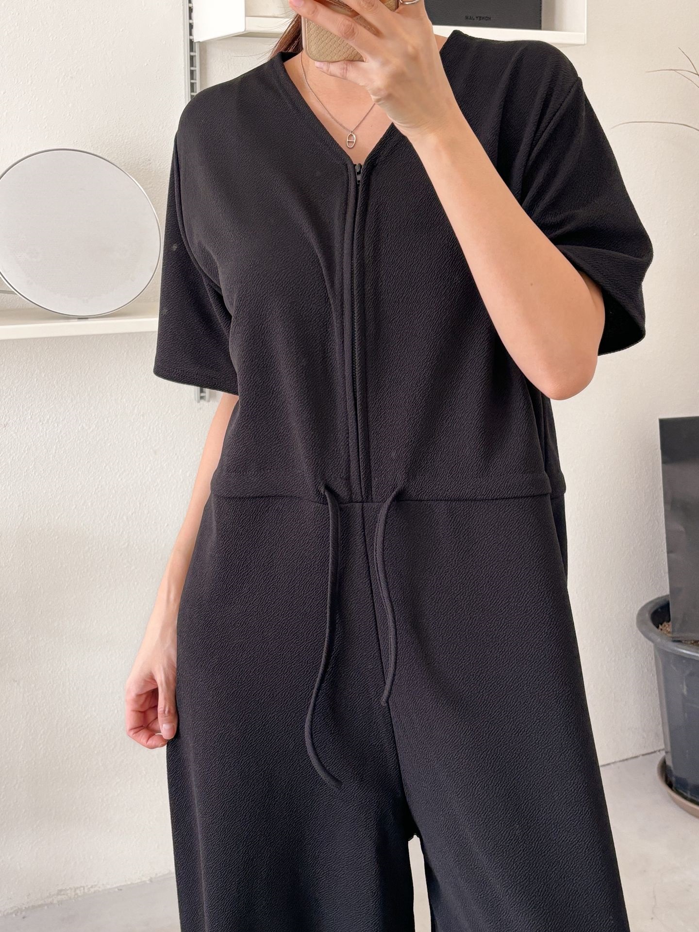 ジップアップVネックドローストリングラインロングルーズ半袖ワイドドロップショルダー無地オールインワン | 詳細画像42