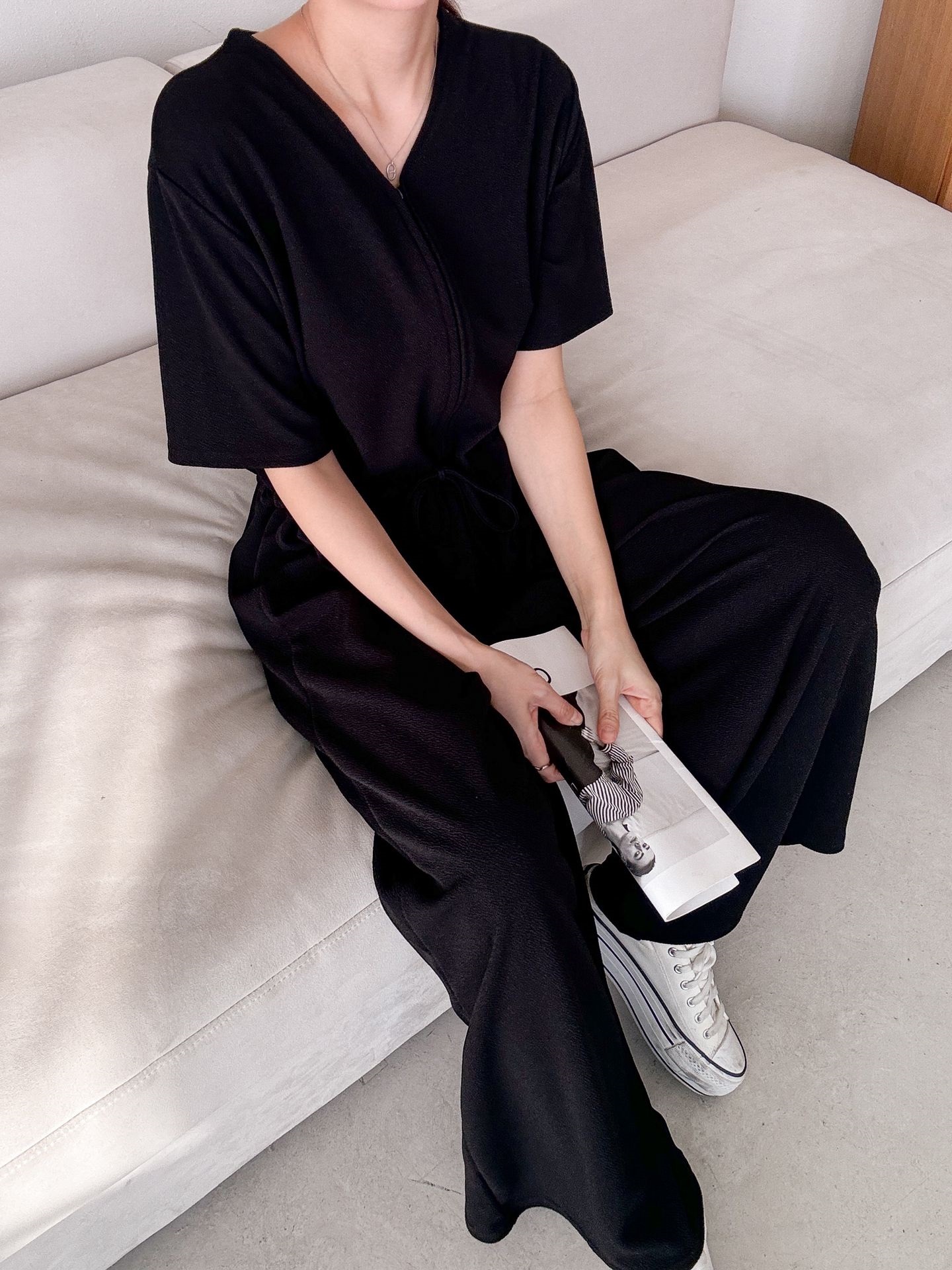 ジップアップVネックドローストリングラインロングルーズ半袖ワイドドロップショルダー無地オールインワン | 詳細画像43