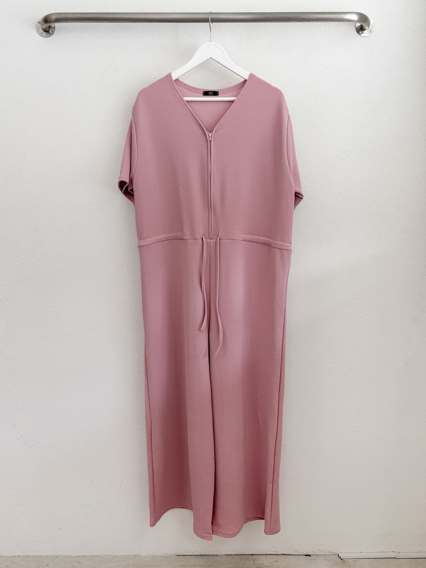 ジップアップVネックドローストリングラインロングルーズ半袖ワイドドロップショルダー無地オールインワン | 詳細画像45