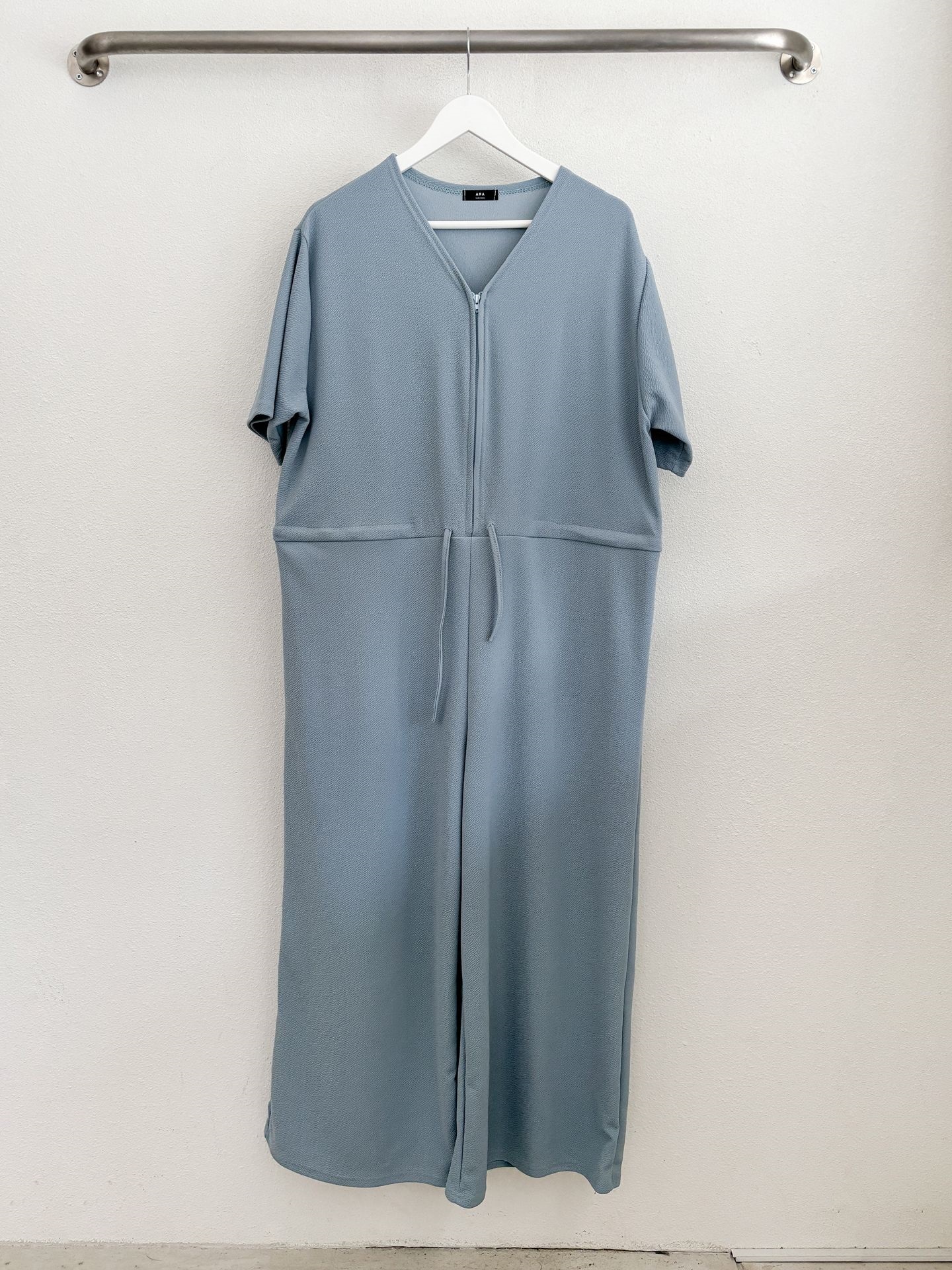 ジップアップVネックドローストリングラインロングルーズ半袖ワイドドロップショルダー無地オールインワン | 詳細画像46