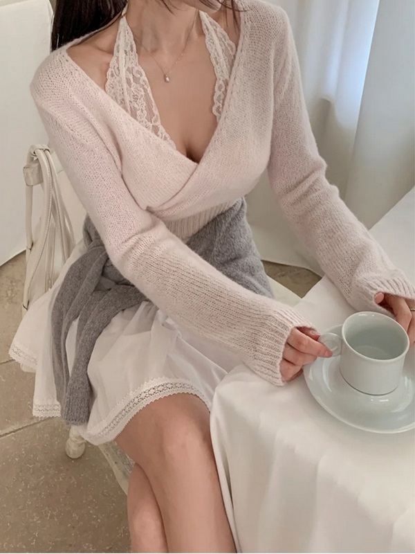 花柄レースVネックホルターネッククロップドスリムカシュクールアンバランス長袖ワイドネックレース無地ニットノースリーブアンサンブルカップ付 | 詳細画像5