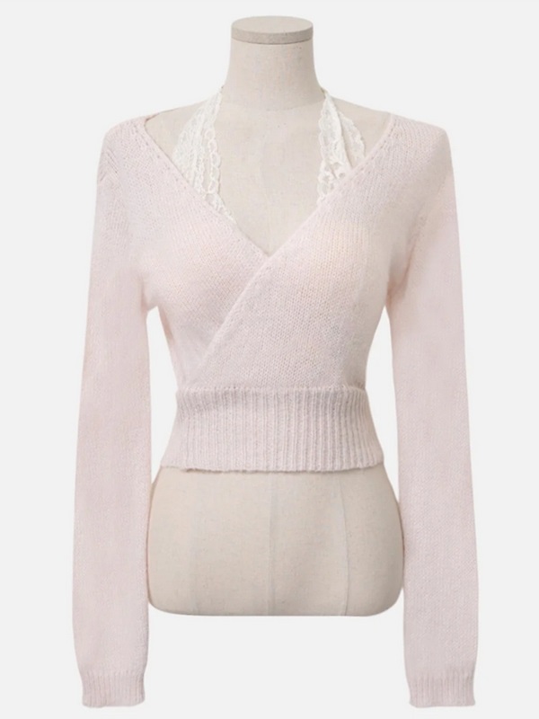 花柄レースVネックホルターネッククロップドスリムカシュクールアンバランス長袖ワイドネックレース無地ニットノースリーブアンサンブルカップ付 | 詳細画像10