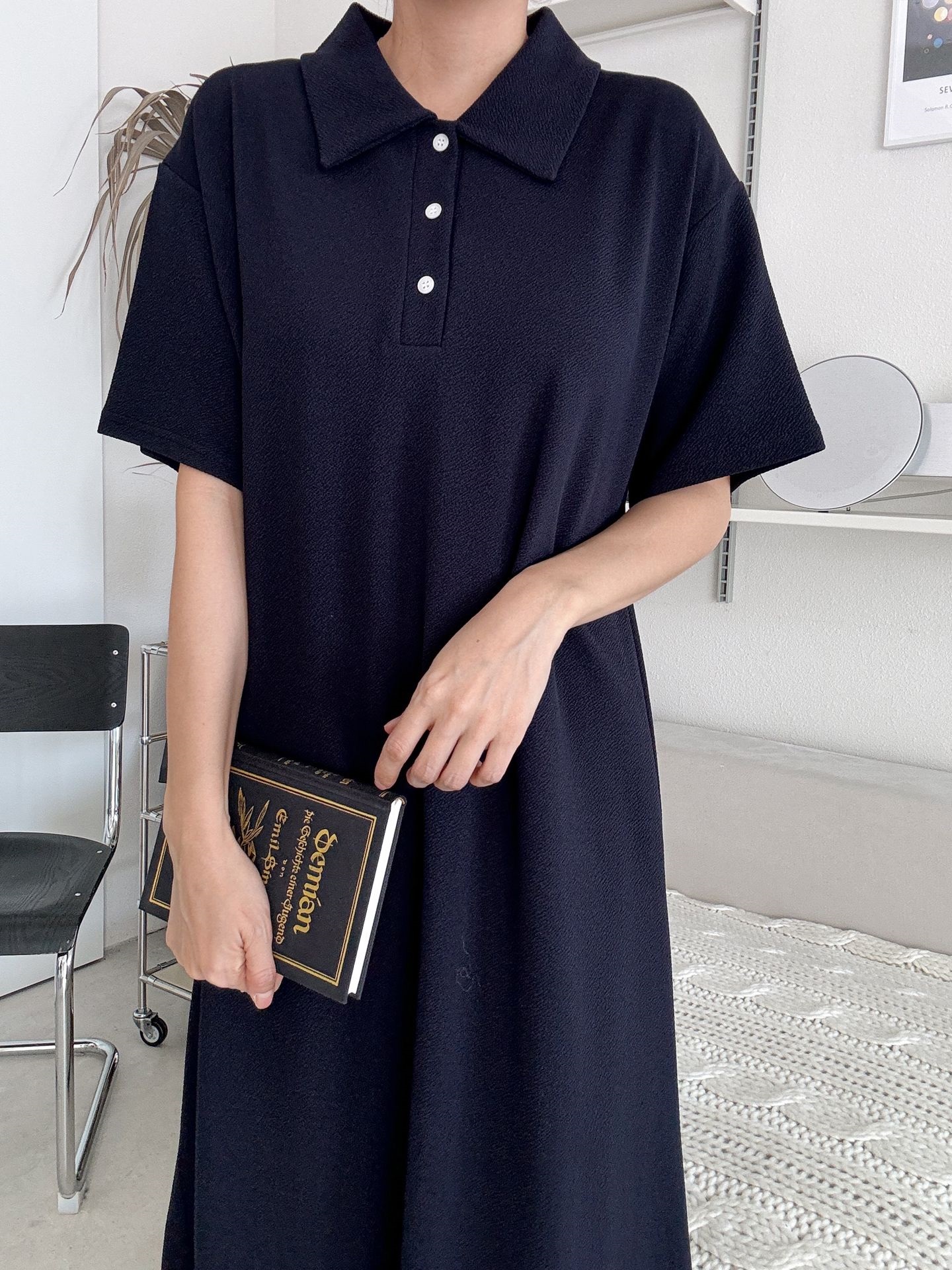 カラーオーバーサイズマキシハーフボタンルーズ半袖Hライン(ロング丈)ドロップショルダー無地ワンピース | 詳細画像4