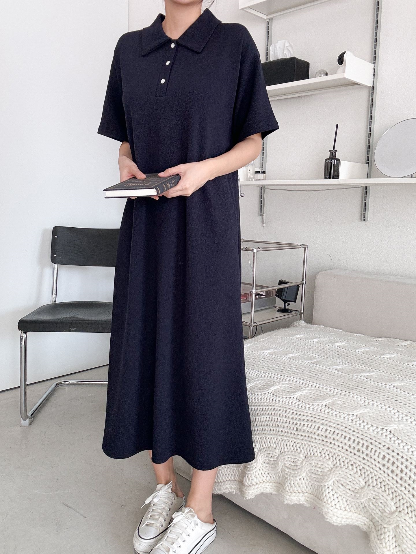 カラーオーバーサイズマキシハーフボタンルーズ半袖Hライン(ロング丈)ドロップショルダー無地ワンピース | 詳細画像7