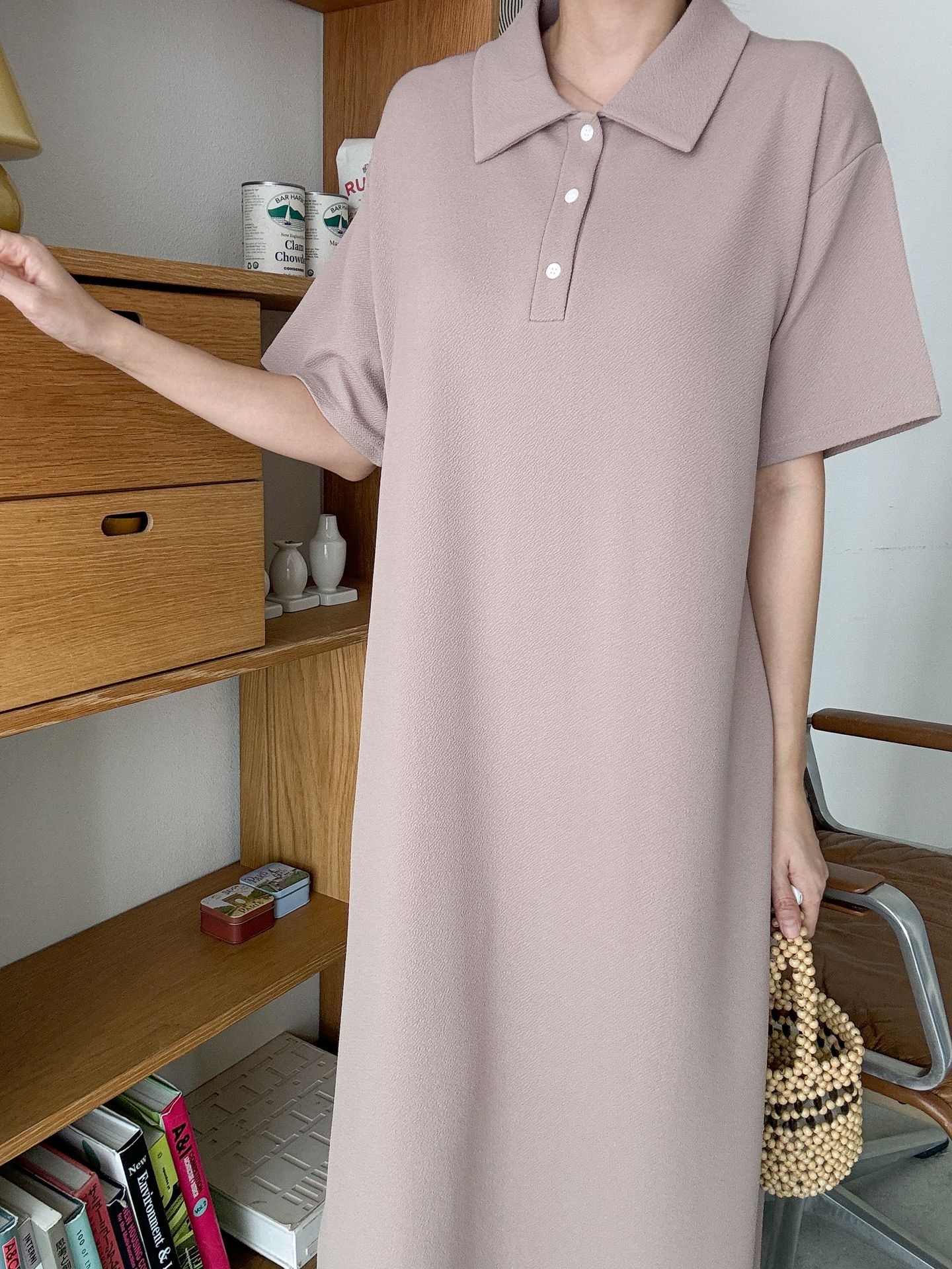 カラーオーバーサイズマキシハーフボタンルーズ半袖Hライン(ロング丈)ドロップショルダー無地ワンピース | 詳細画像9