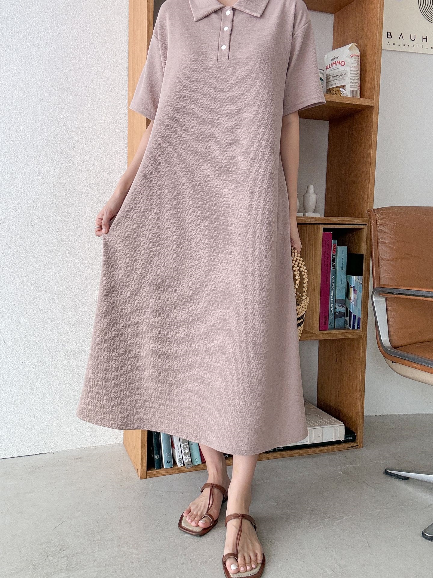 カラーオーバーサイズマキシハーフボタンルーズ半袖Hライン(ロング丈)ドロップショルダー無地ワンピース | 詳細画像10