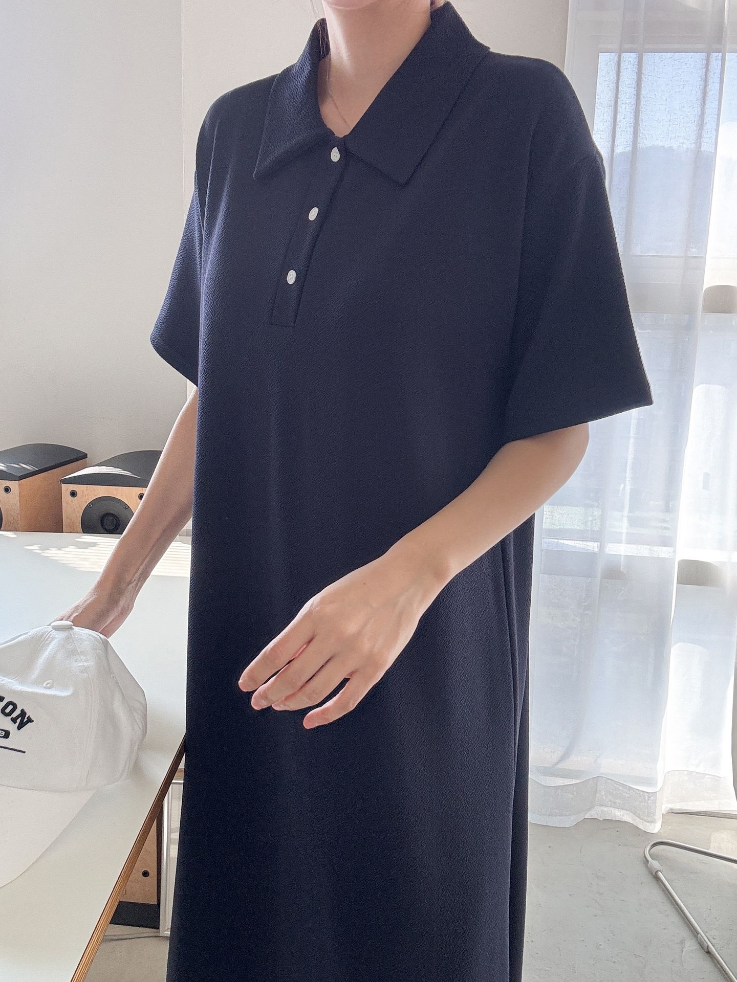 カラーオーバーサイズマキシハーフボタンルーズ半袖Hライン(ロング丈)ドロップショルダー無地ワンピース | 詳細画像6