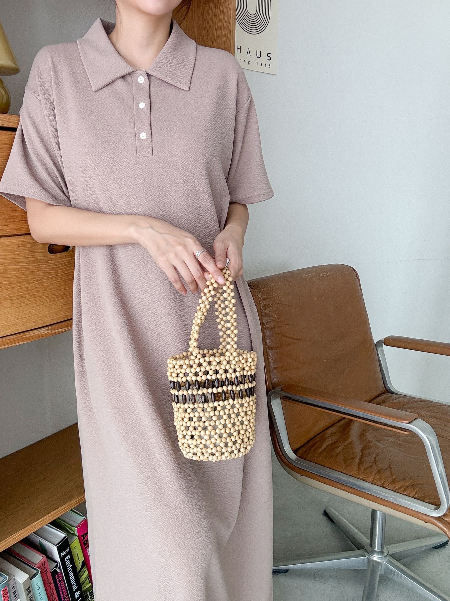 カラーオーバーサイズマキシハーフボタンルーズ半袖Hライン(ロング丈)ドロップショルダー無地ワンピース | 詳細画像12