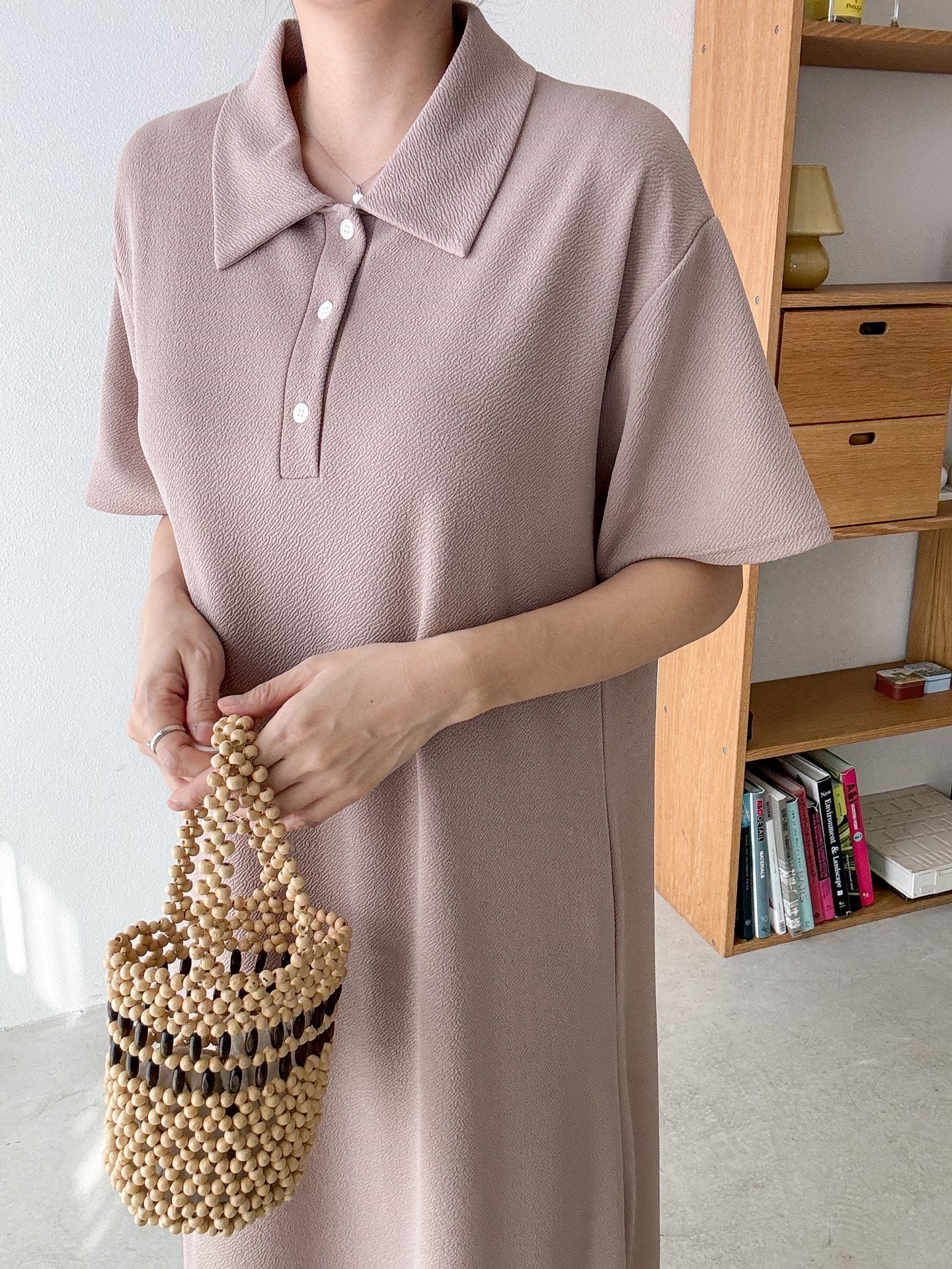 カラーオーバーサイズマキシハーフボタンルーズ半袖Hライン(ロング丈)ドロップショルダー無地ワンピース | 詳細画像13