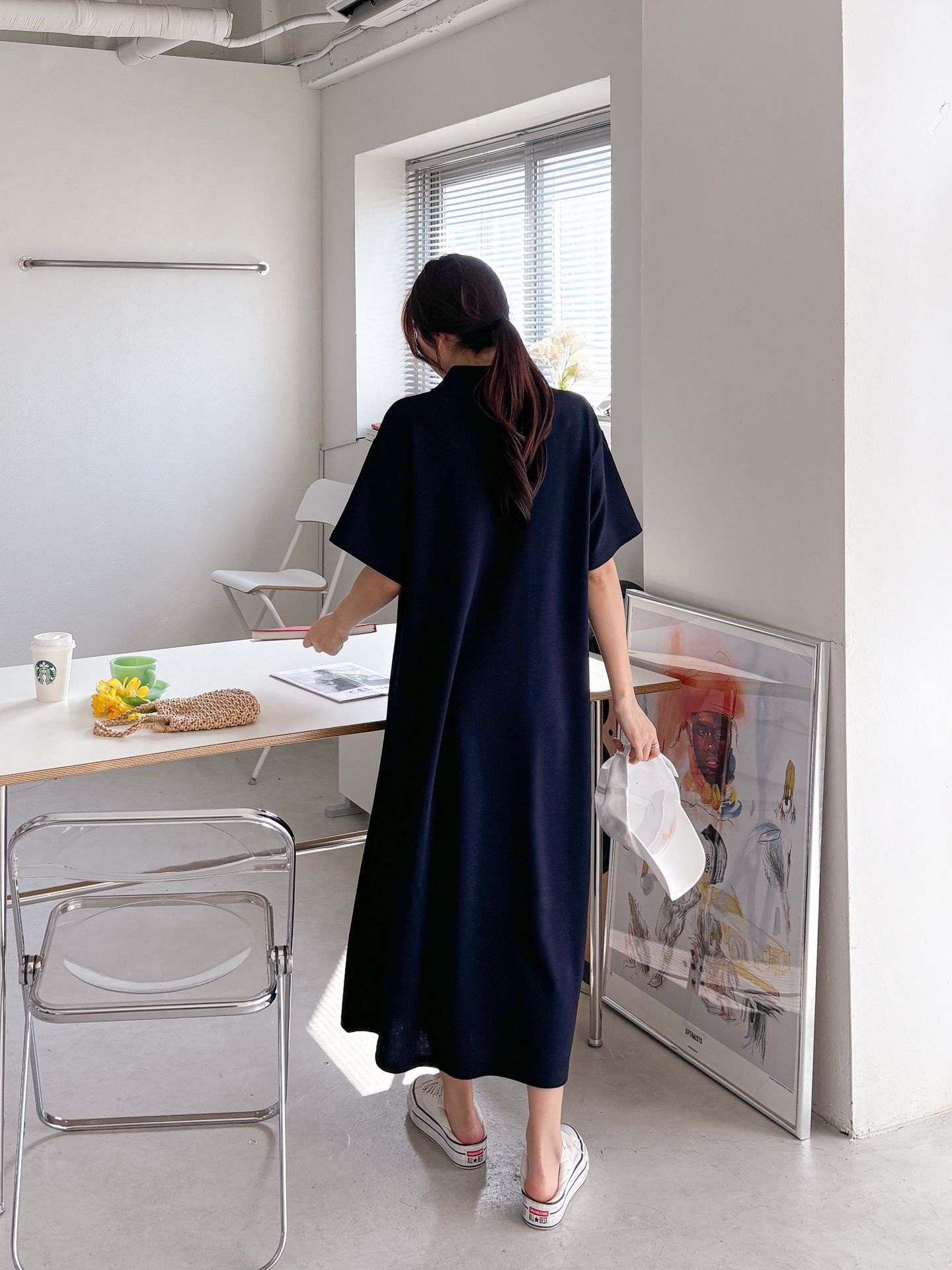 カラーオーバーサイズマキシハーフボタンルーズ半袖Hライン(ロング丈)ドロップショルダー無地ワンピース | 詳細画像35